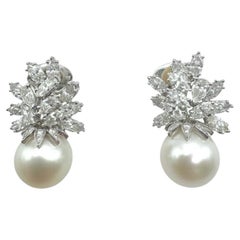 Platinum Pearl and Diamond Cluster Clip-on Earrings