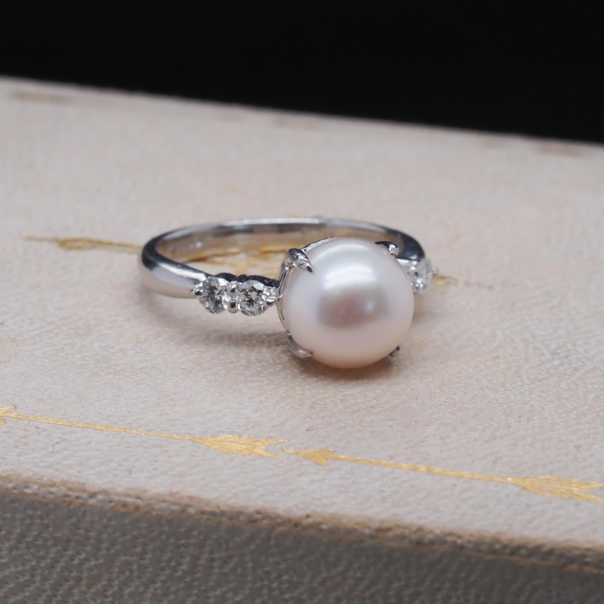Round Cut Platinum Pearl and Diamond Engagement Ring For Sale