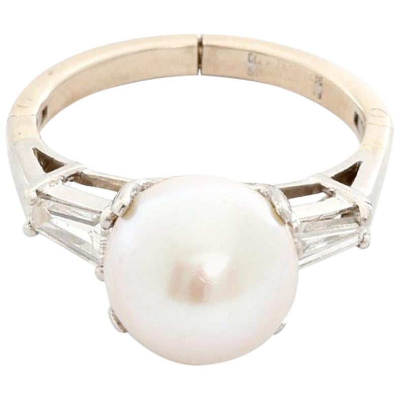 Platinum Pearl Diamond Ring For Sale at 1stdibs