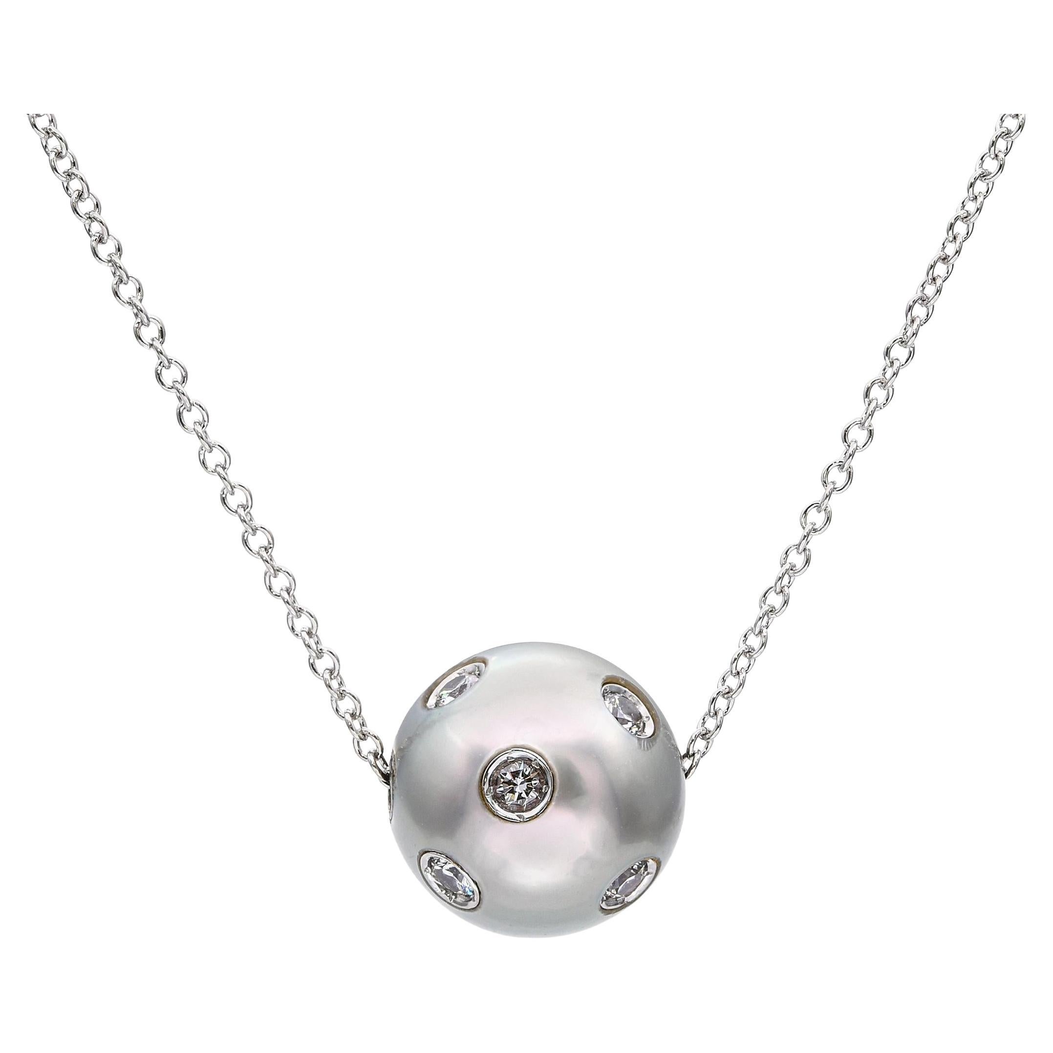 Platin Perlen und Diamanten Slider Anhänger Halskette im Angebot