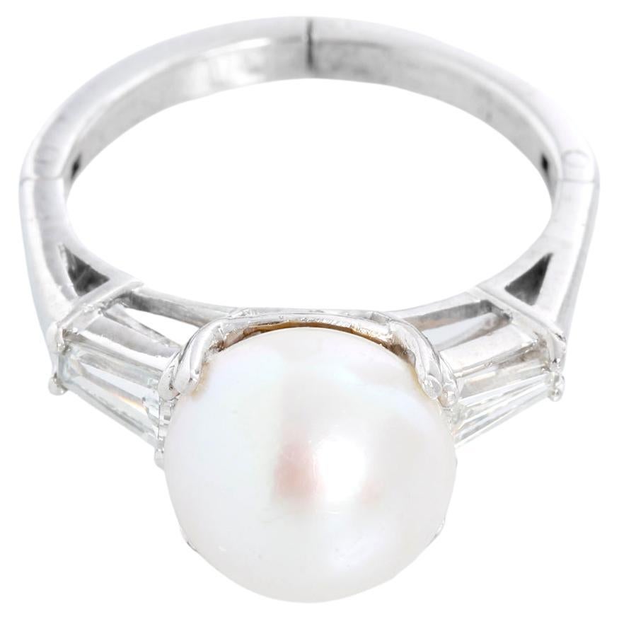 Platinum Pearl and White Gold Diamond Ring