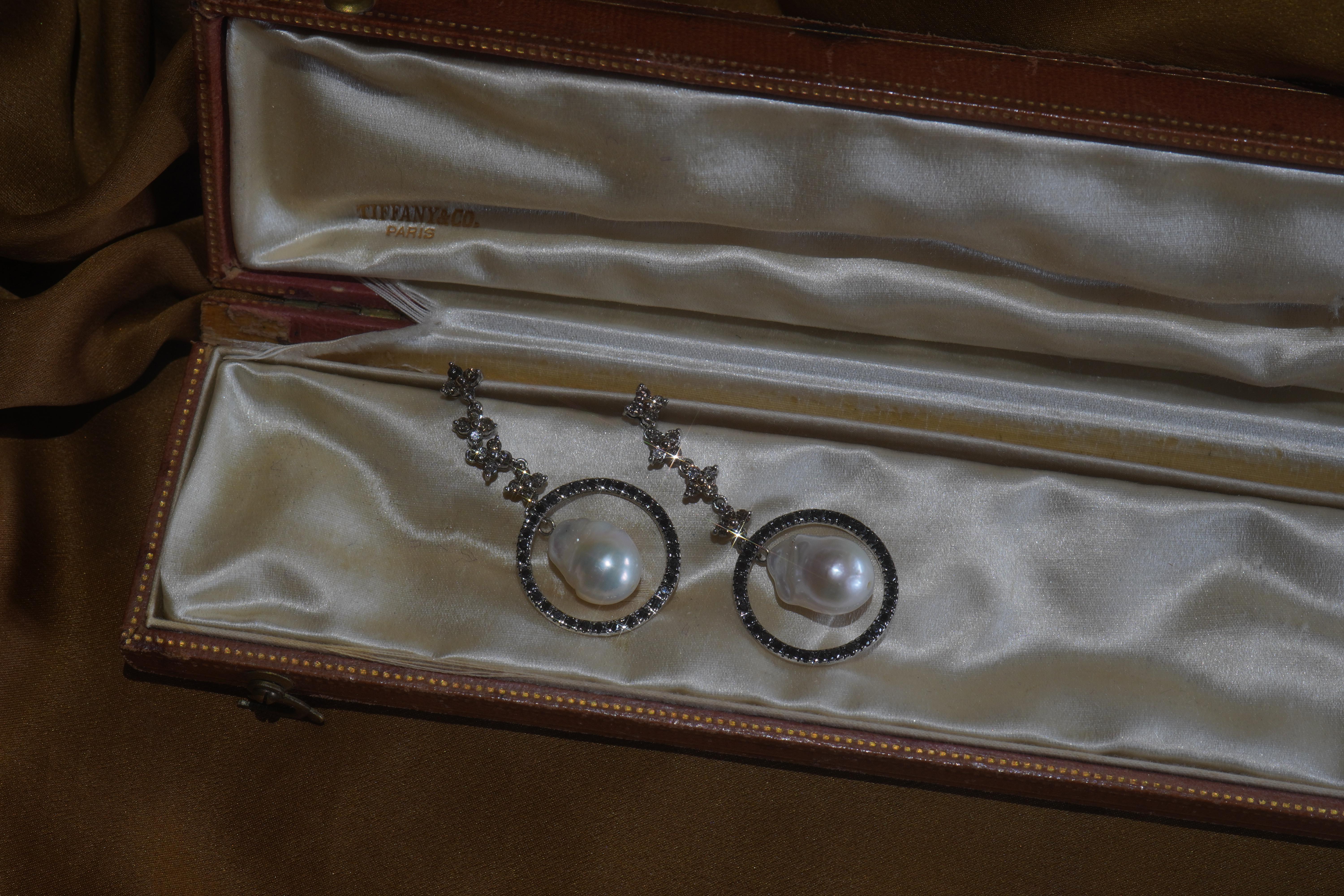 Platinum Pearl Diamond Champaign Earrings Black Southsea Vintage Baroque 2.24 CT In Good Condition In Sylvania, GA