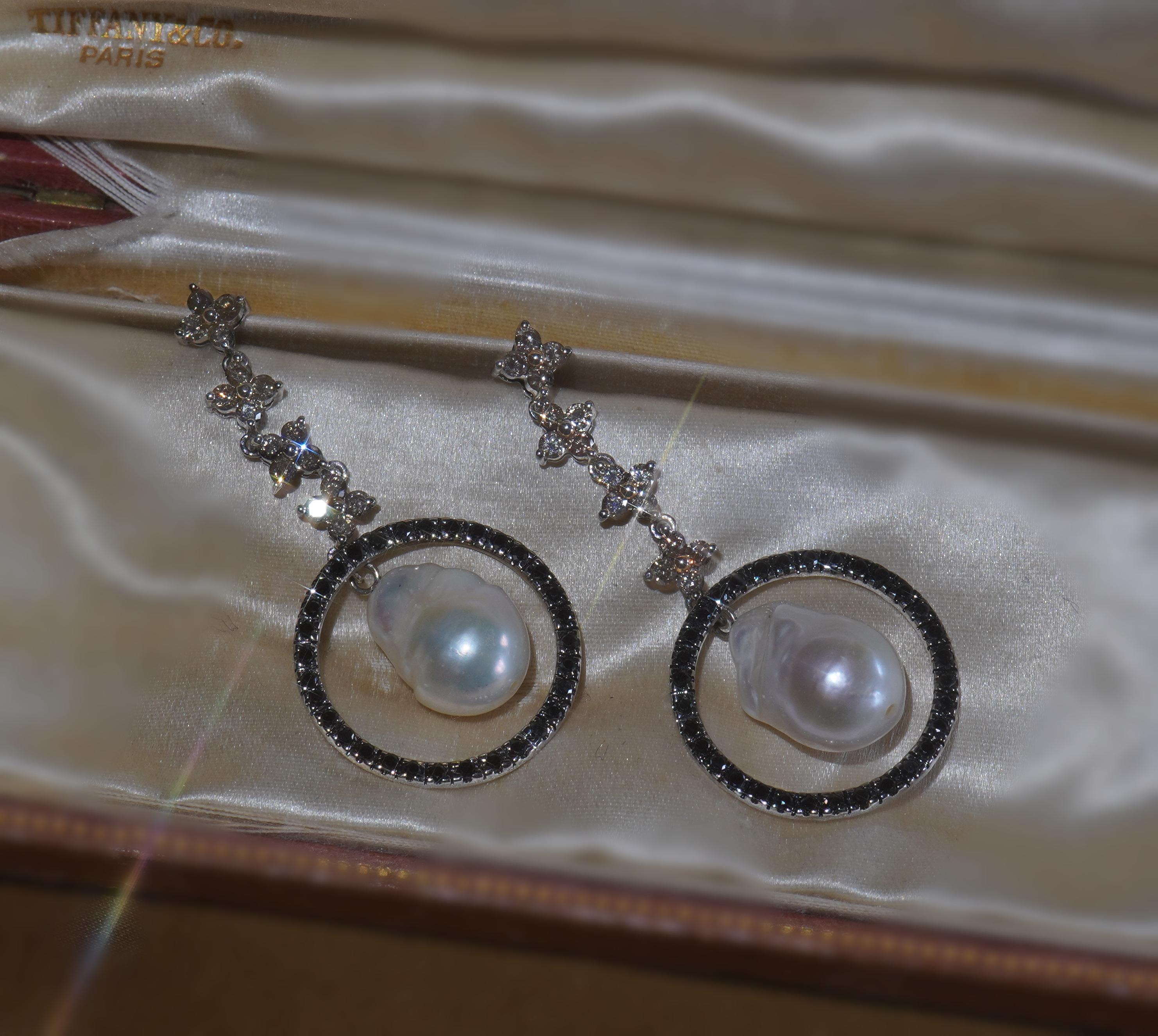 Platinum Pearl Diamond Champaign Earrings Black Southsea Vintage Baroque 2.24 CT 1