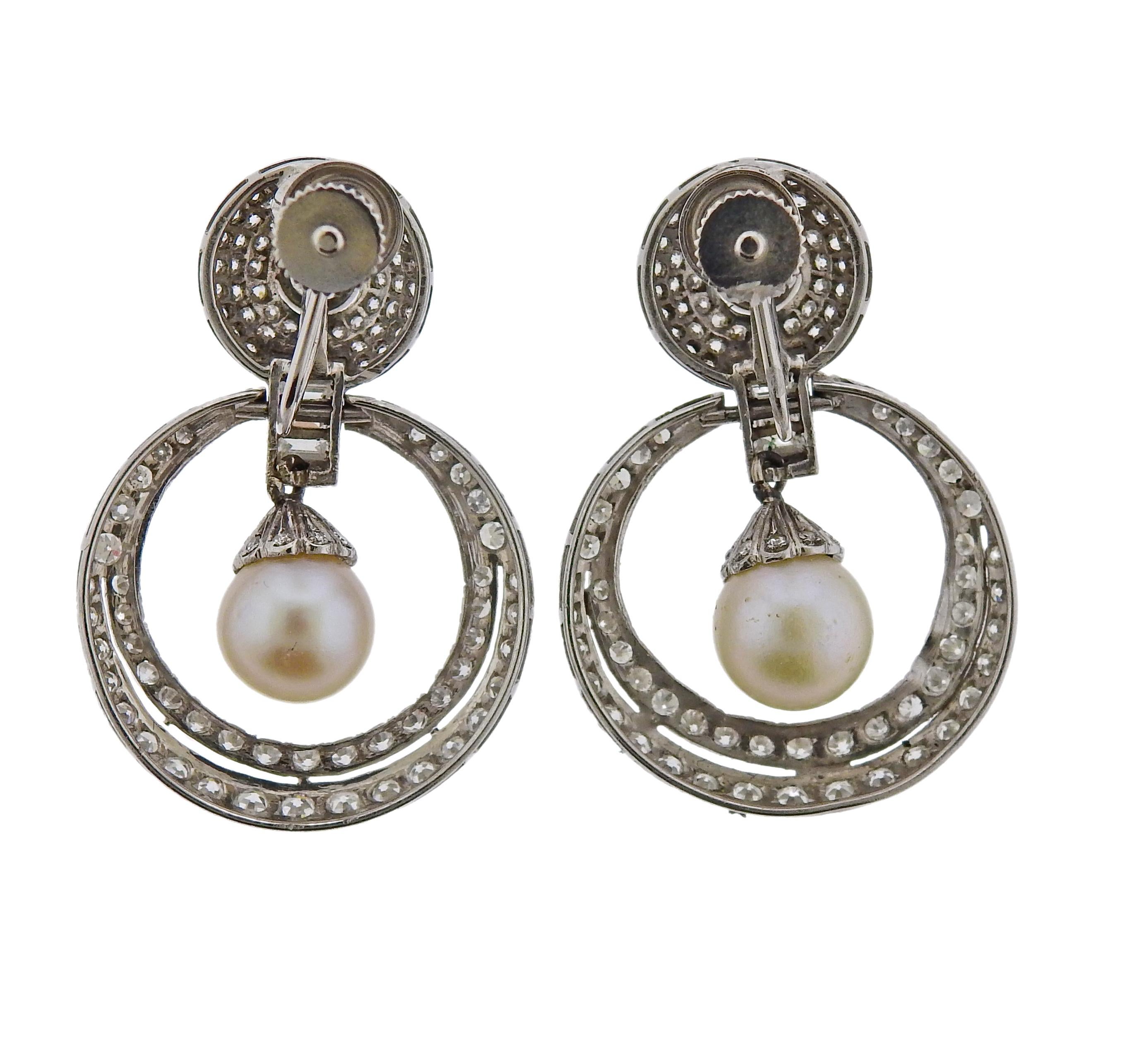 Platinum Pearl Diamond Doorknocker Earrings In Excellent Condition For Sale In New York, NY