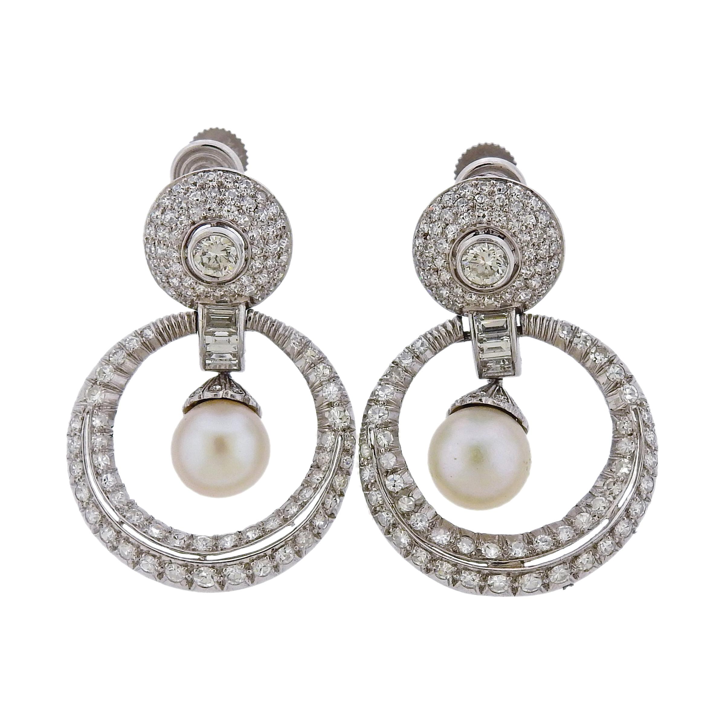 Platinum Pearl Diamond Doorknocker Earrings For Sale