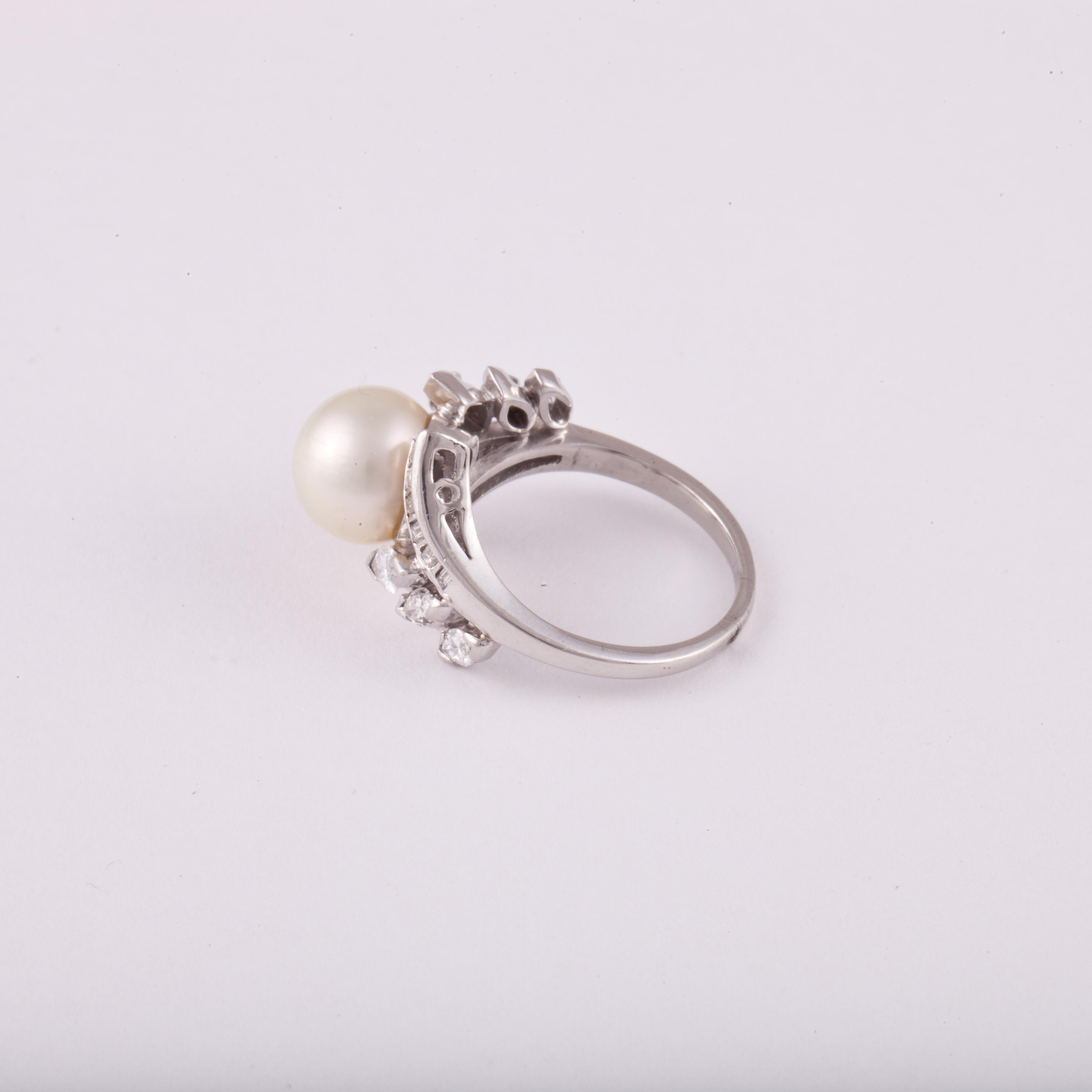 Mixed Cut Platinum Cultured Pearl and Diamond Ring