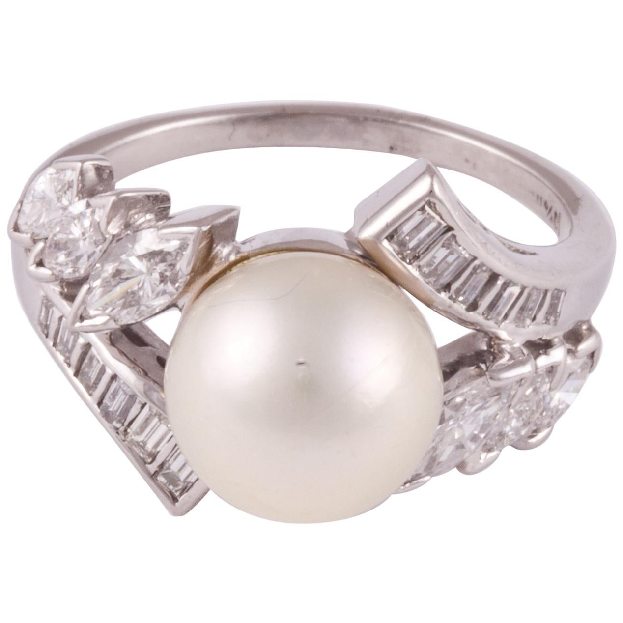 Platinum Cultured Pearl and Diamond Ring