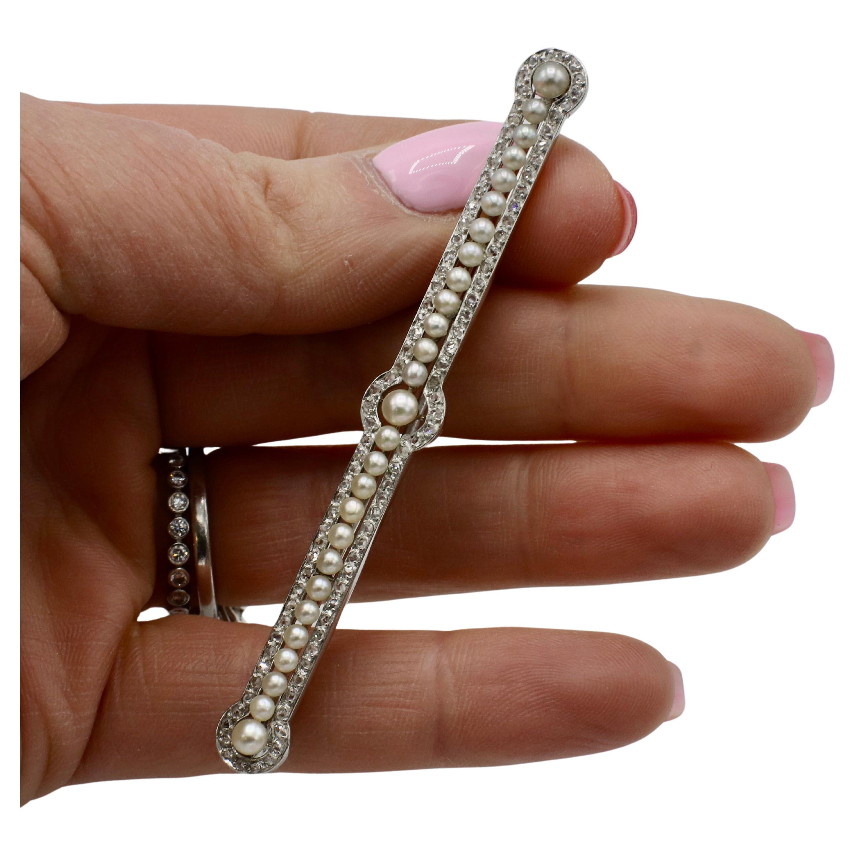 Art Deco Platinum Pearl & Old Mine Cut Natural Diamond Bar Pin Brooch  For Sale