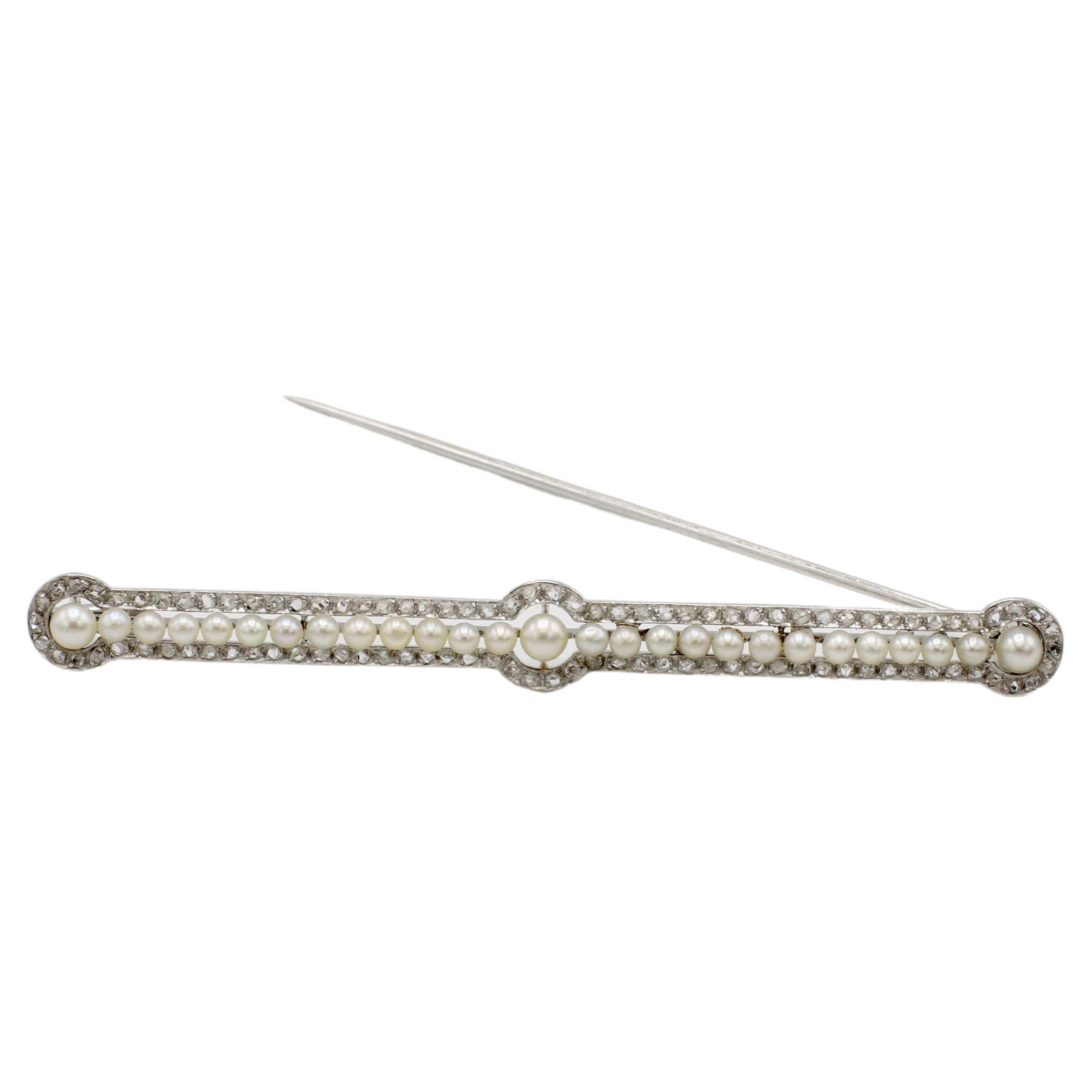 Platinum Pearl & Old Mine Cut Natural Diamond Bar Pin Brooch  In Good Condition For Sale In  Baltimore, MD