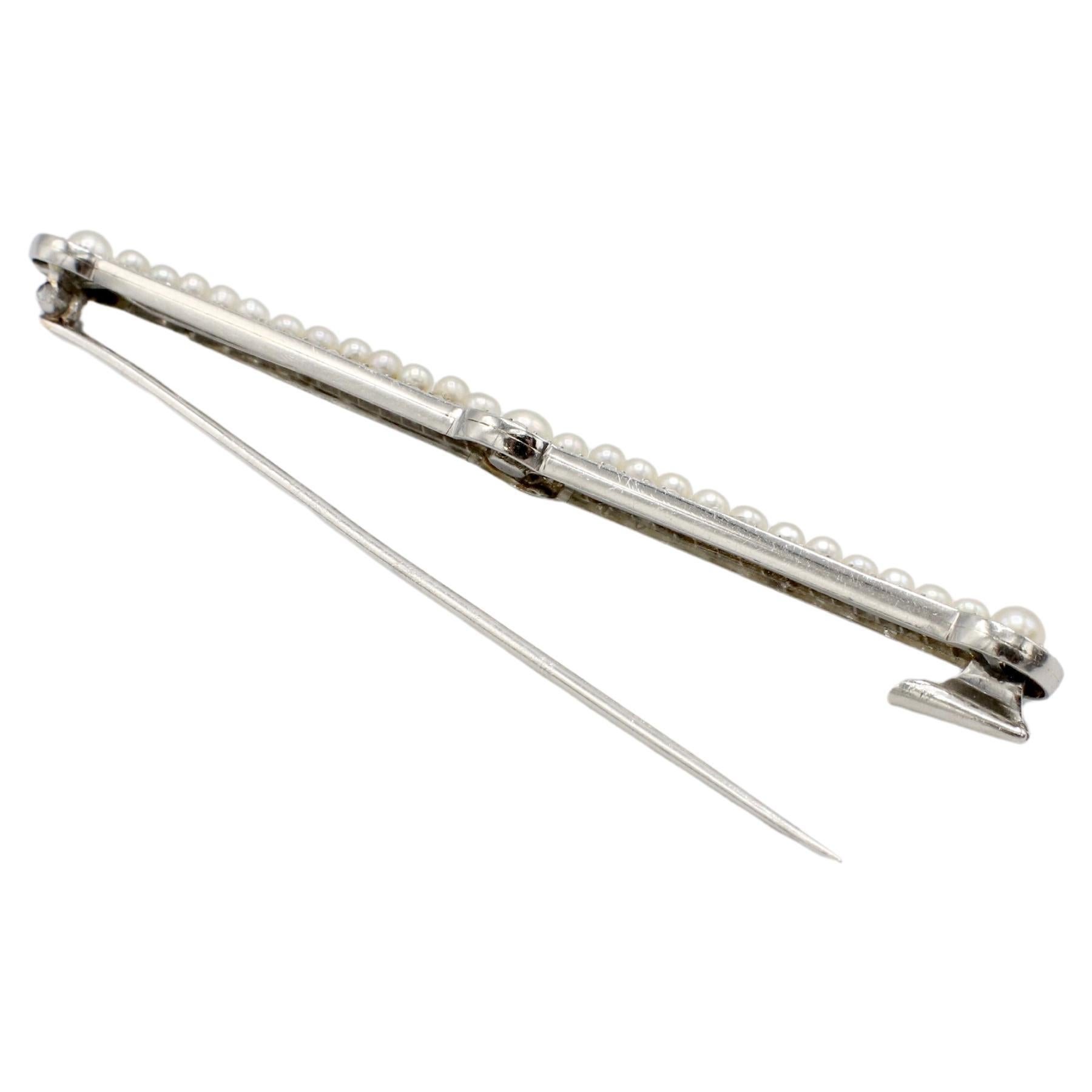 Women's or Men's Platinum Pearl & Old Mine Cut Natural Diamond Bar Pin Brooch  For Sale