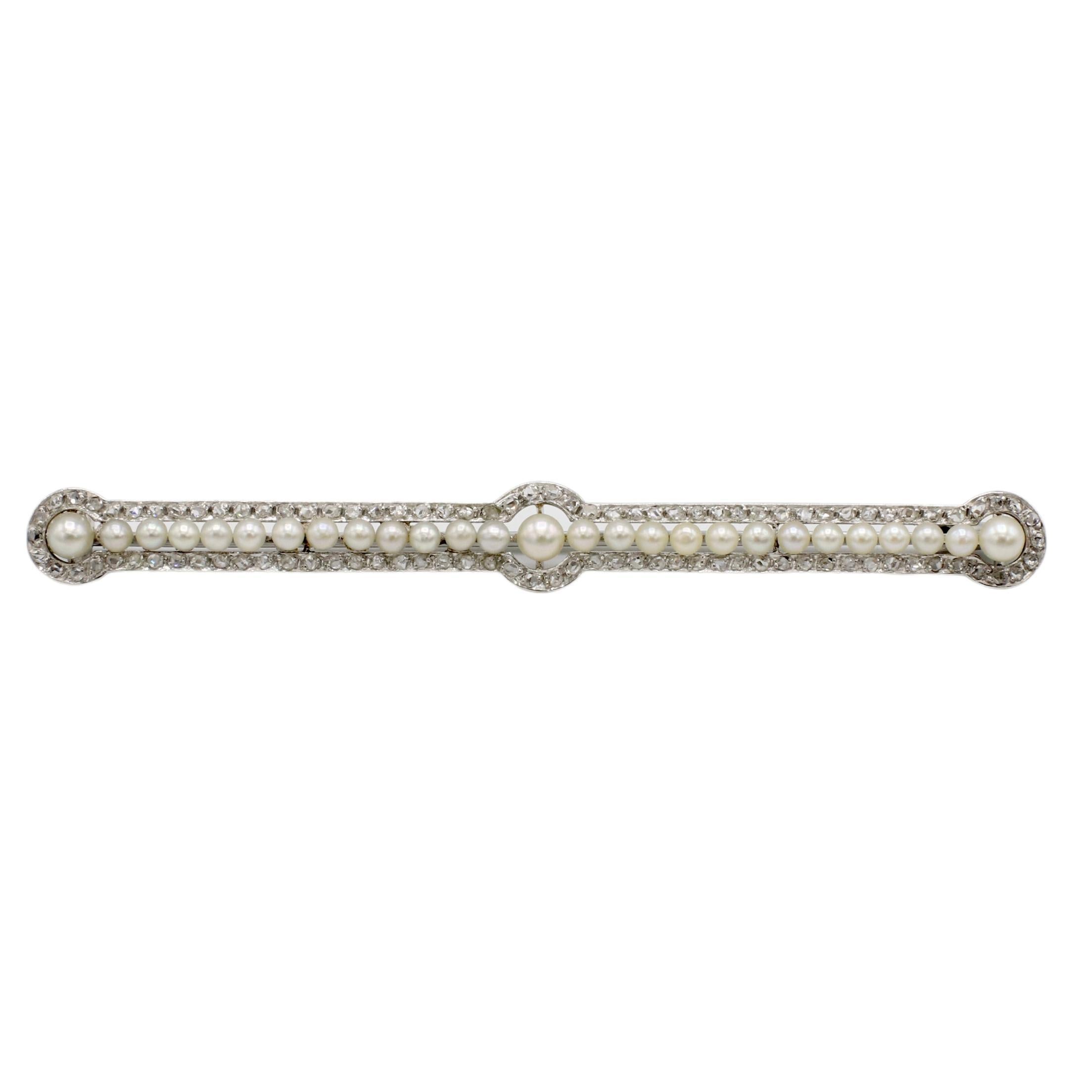 Platinum Pearl & Old Mine Cut Natural Diamond Bar Pin Brooch