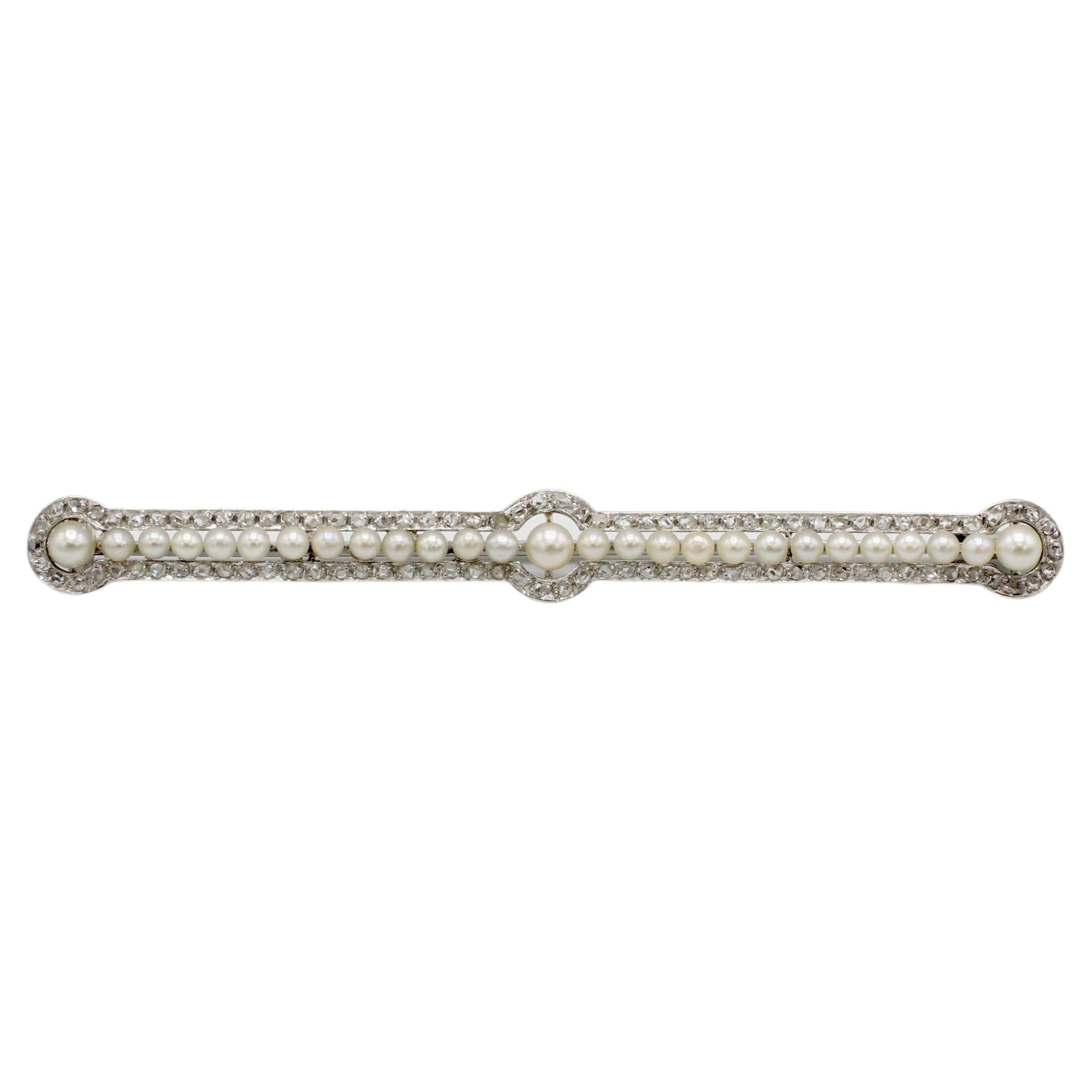 Platin Perle & Old Mine Cut Natural Diamond Bar Pin Brosche  im Angebot