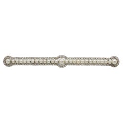 Platinum Pearl & Old Mine Cut Natural Diamond Bar Pin Brooch 