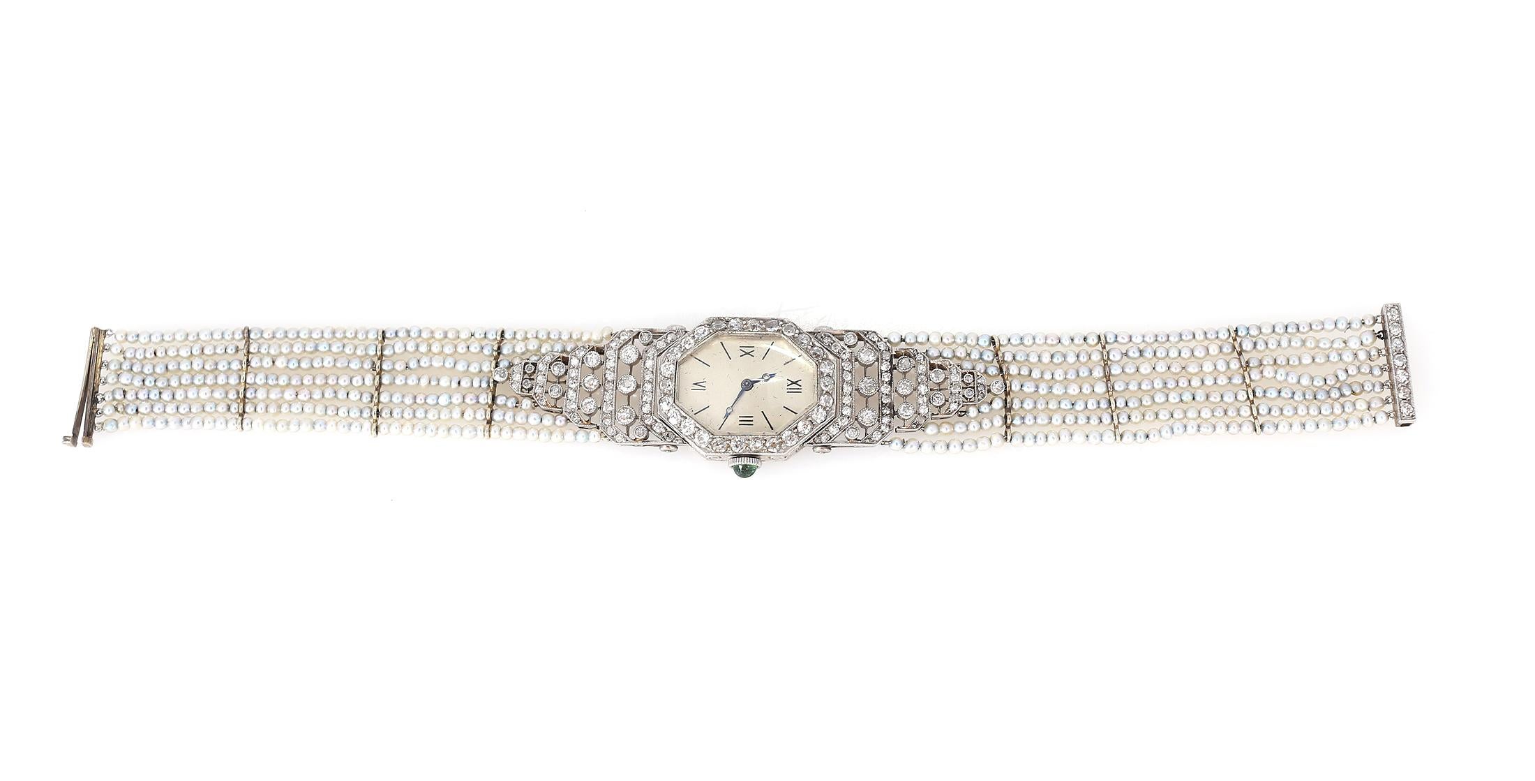 Platinum Pearls Emerald Enamel Diamonds Ladies Watch Art Nouveau, 1930 6