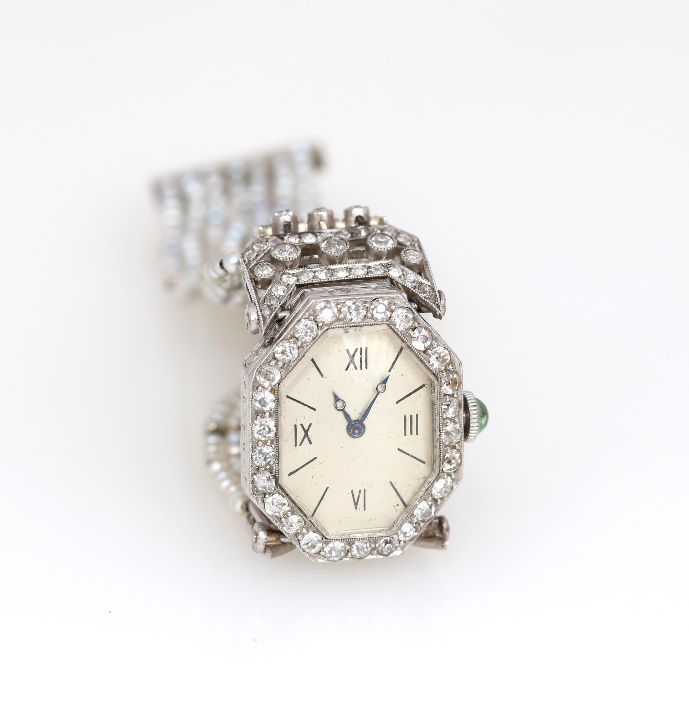 Platinum Pearls Emerald Enamel Diamonds Ladies Watch Art Nouveau, 1930 1