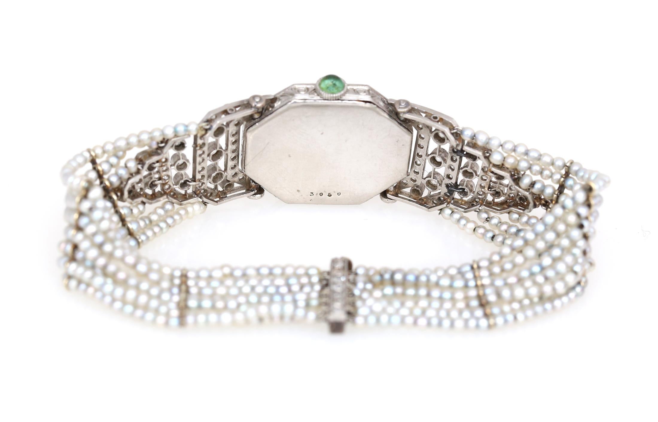Platinum Pearls Emerald Enamel Diamonds Ladies Watch Art Nouveau, 1930 4