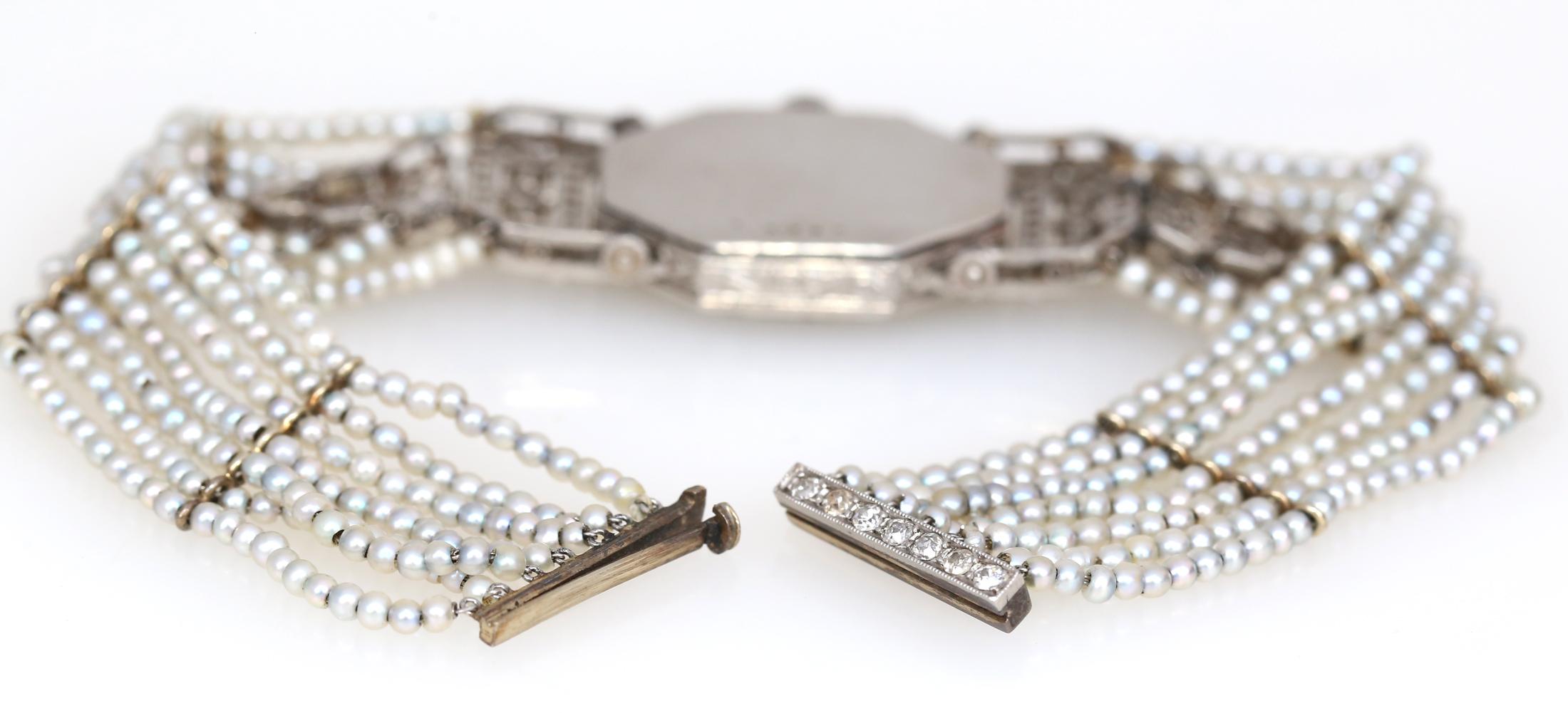 Platinum Pearls Emerald Enamel Diamonds Ladies Watch Art Nouveau, 1930 5