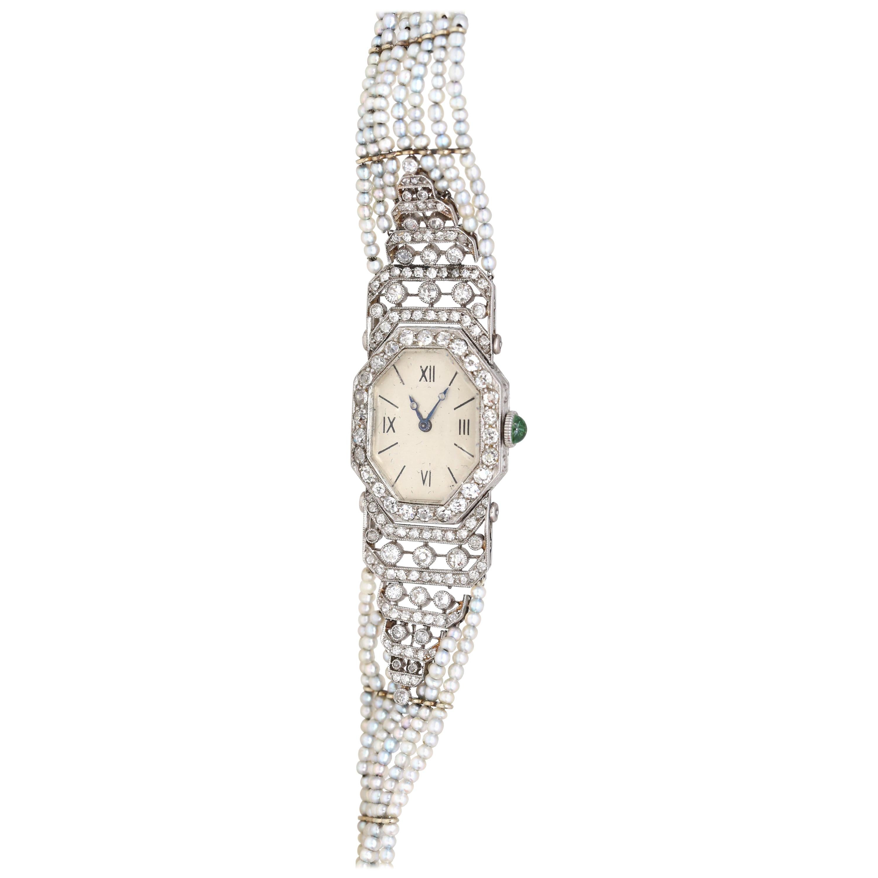 Women's Platinum Pearls Emerald Enamel Diamonds Ladies Watch Art Nouveau, 1930