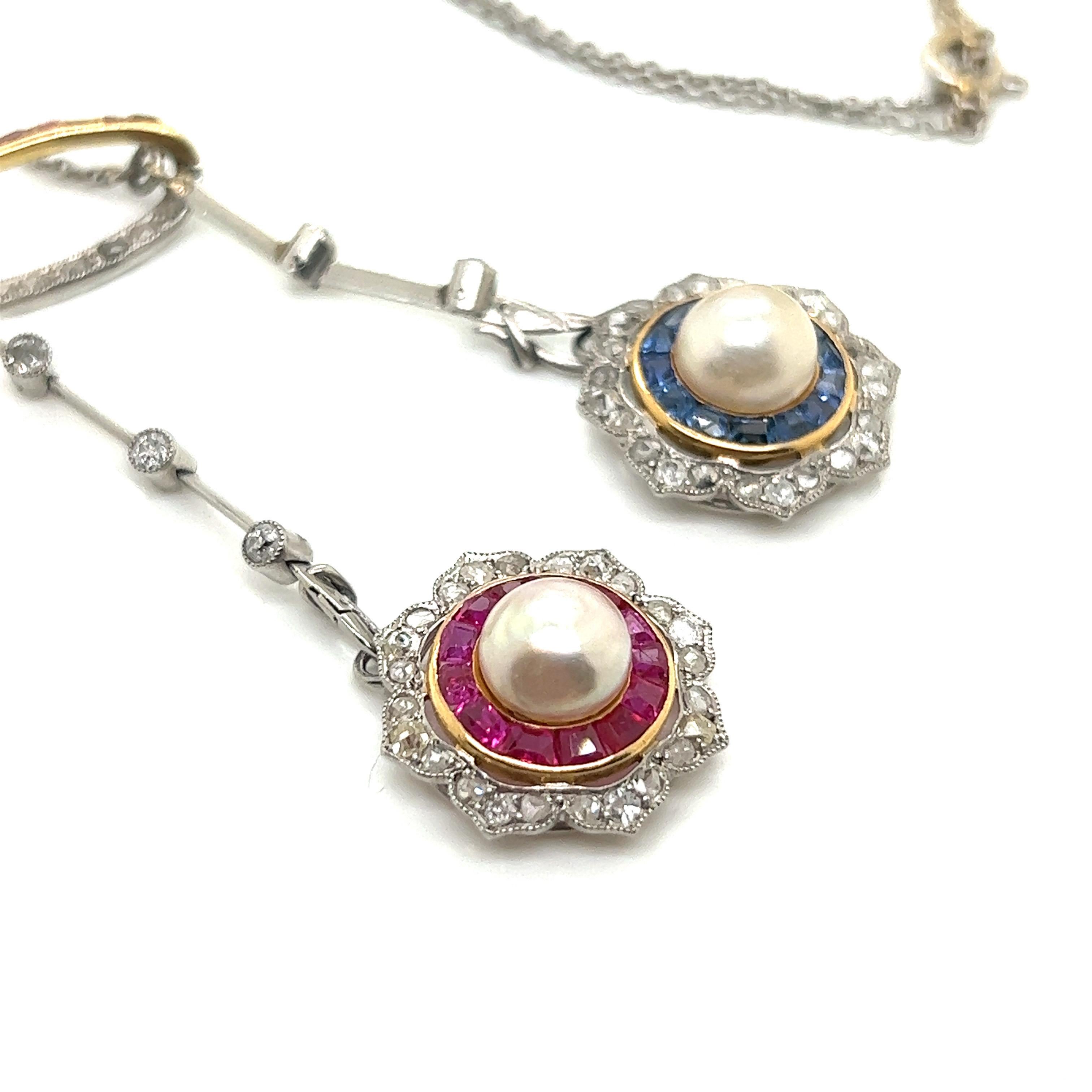 Platinum Pearls Ruby, Sapphire and Diamond Pendant Necklace In Excellent Condition For Sale In Kowloon City District, HK