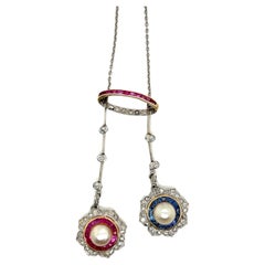 Antique Platinum Pearls Ruby, Sapphire and Diamond Pendant Necklace
