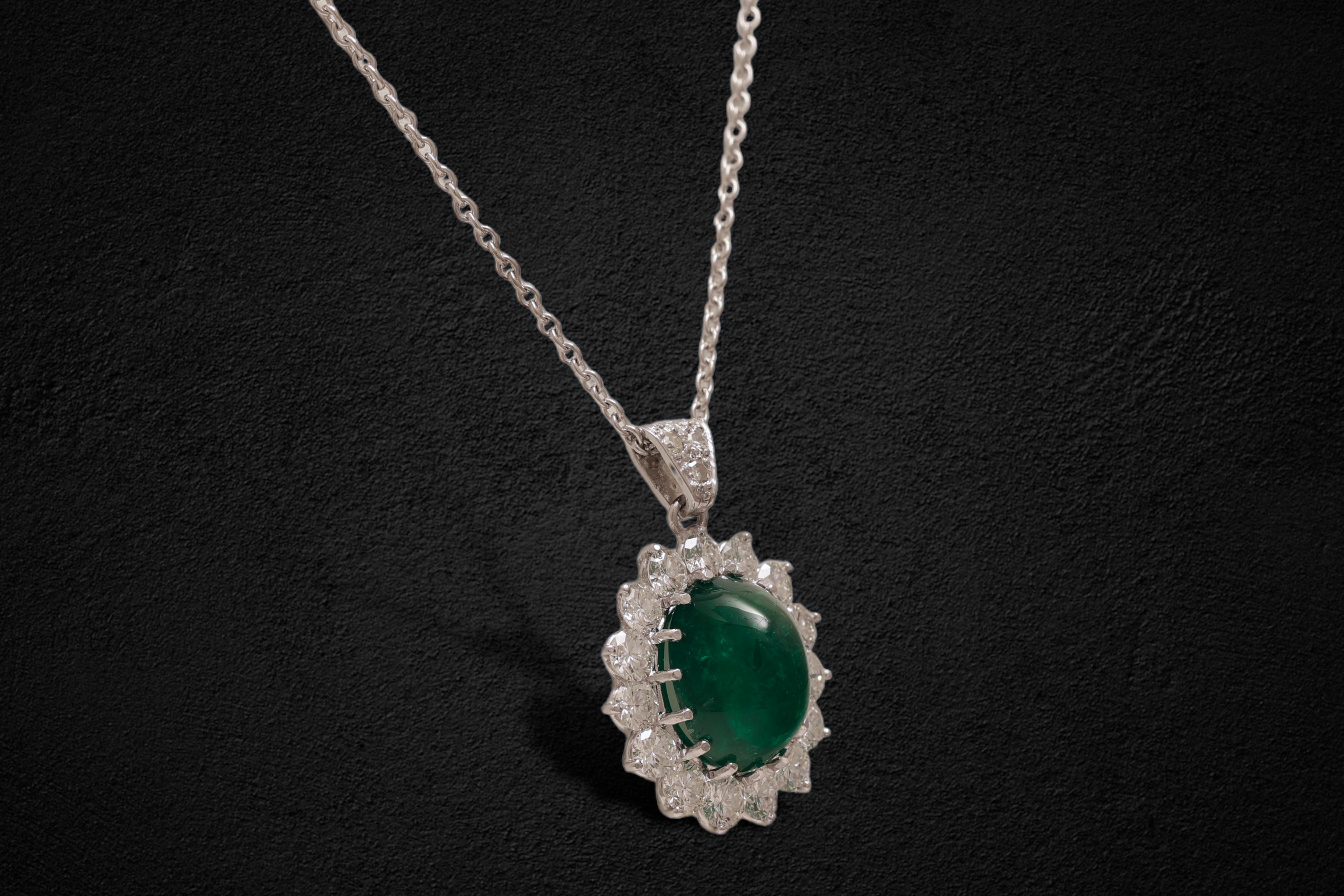 Artisan Platinum Pendant Necklace, 7.98 Ct Natural Green Emerald & 3.84 Ct Diamonds For Sale