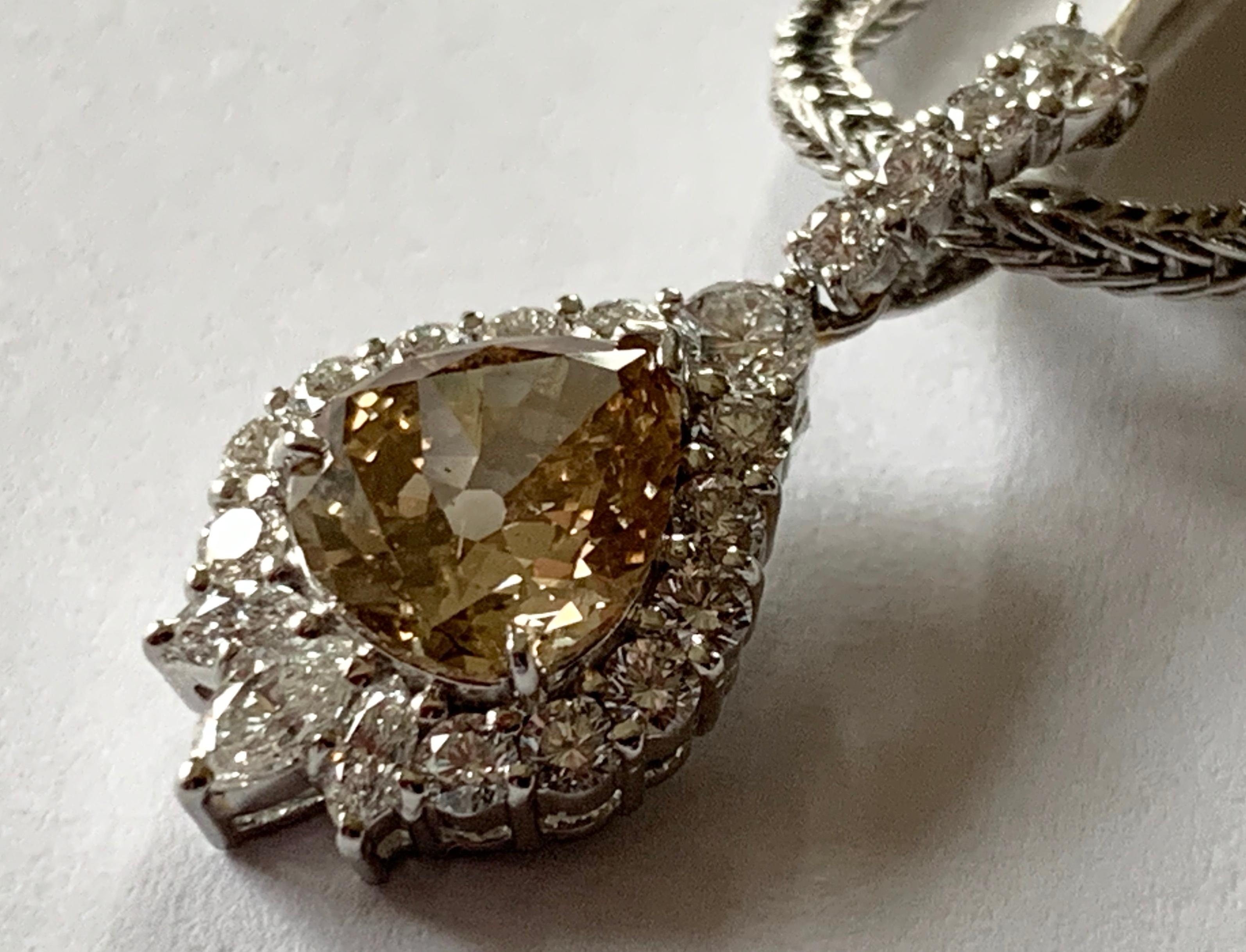 Platinum Pendant with Chain Set with a Pear Shape Champagne Diamond For Sale 1