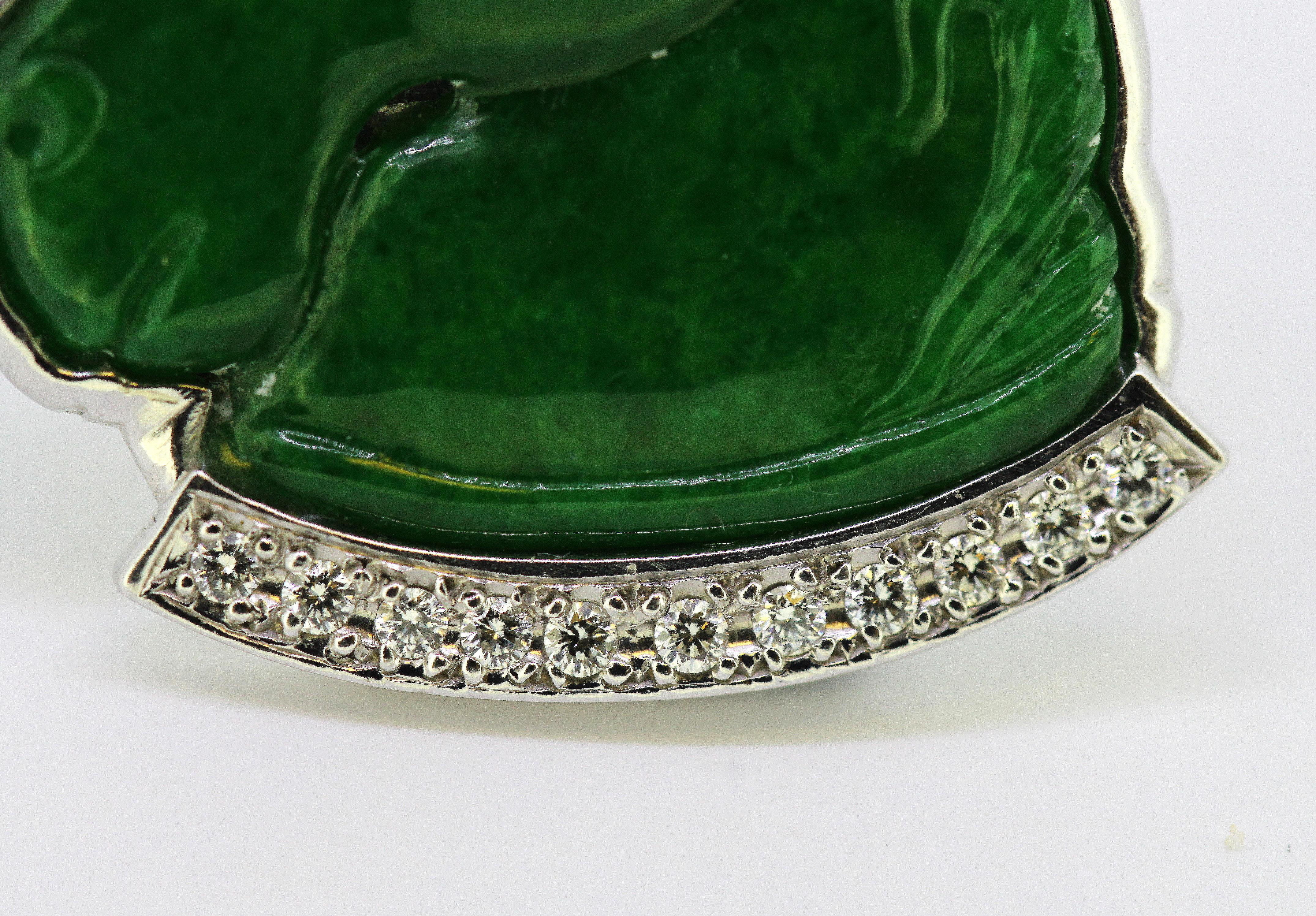 Women's or Men's Platinum Pendant with Natural Jade Carving of a Horses Head and Diamonds