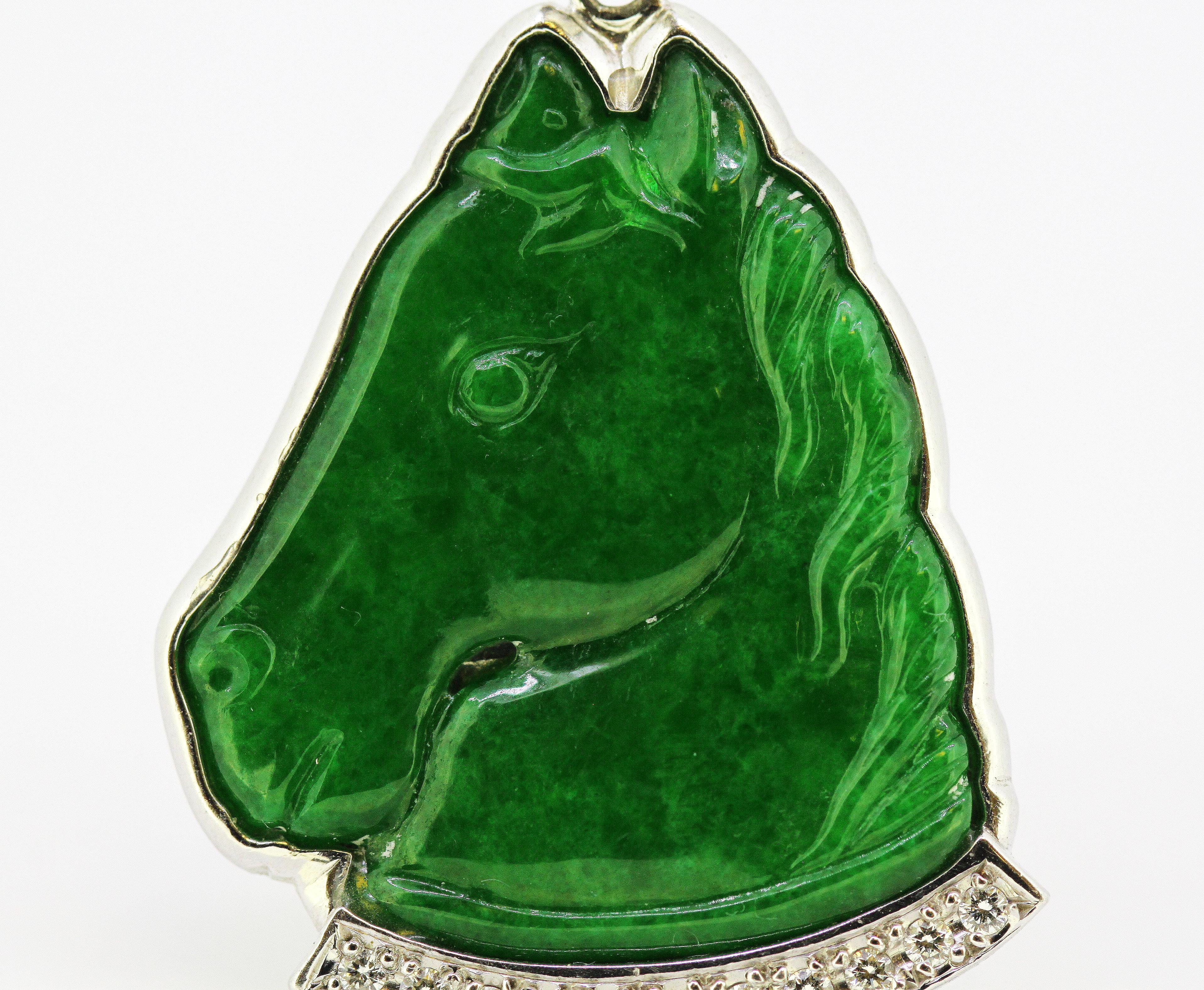 Platinum Pendant with Natural Jade Carving of a Horses Head and Diamonds 1