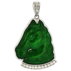 Platinum Pendant with Natural Jade Carving of a Horses Head and Diamonds