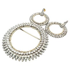 Platinum Pin Brooch and Hoop Earrings Set with 10.4 Ct H VS Diamonds & Pearls