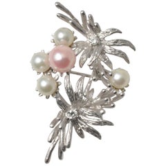 Platinum Pink Coral Core Pearl and Akoya Pearl Brooch with Diamonds