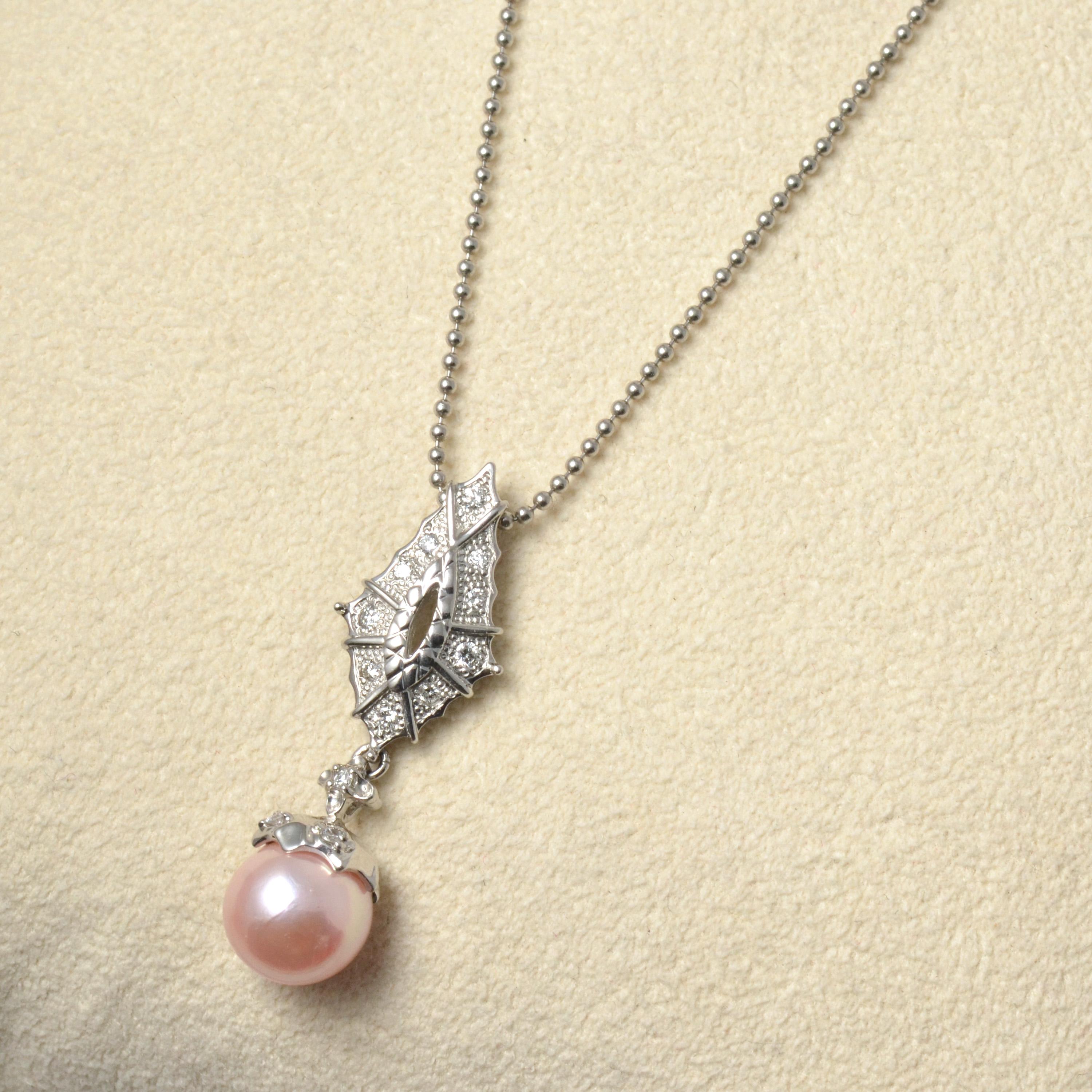 Women's Platinum Pink Coral Core Pearl and Akoya Pearl Pendant with Diamonds For Sale