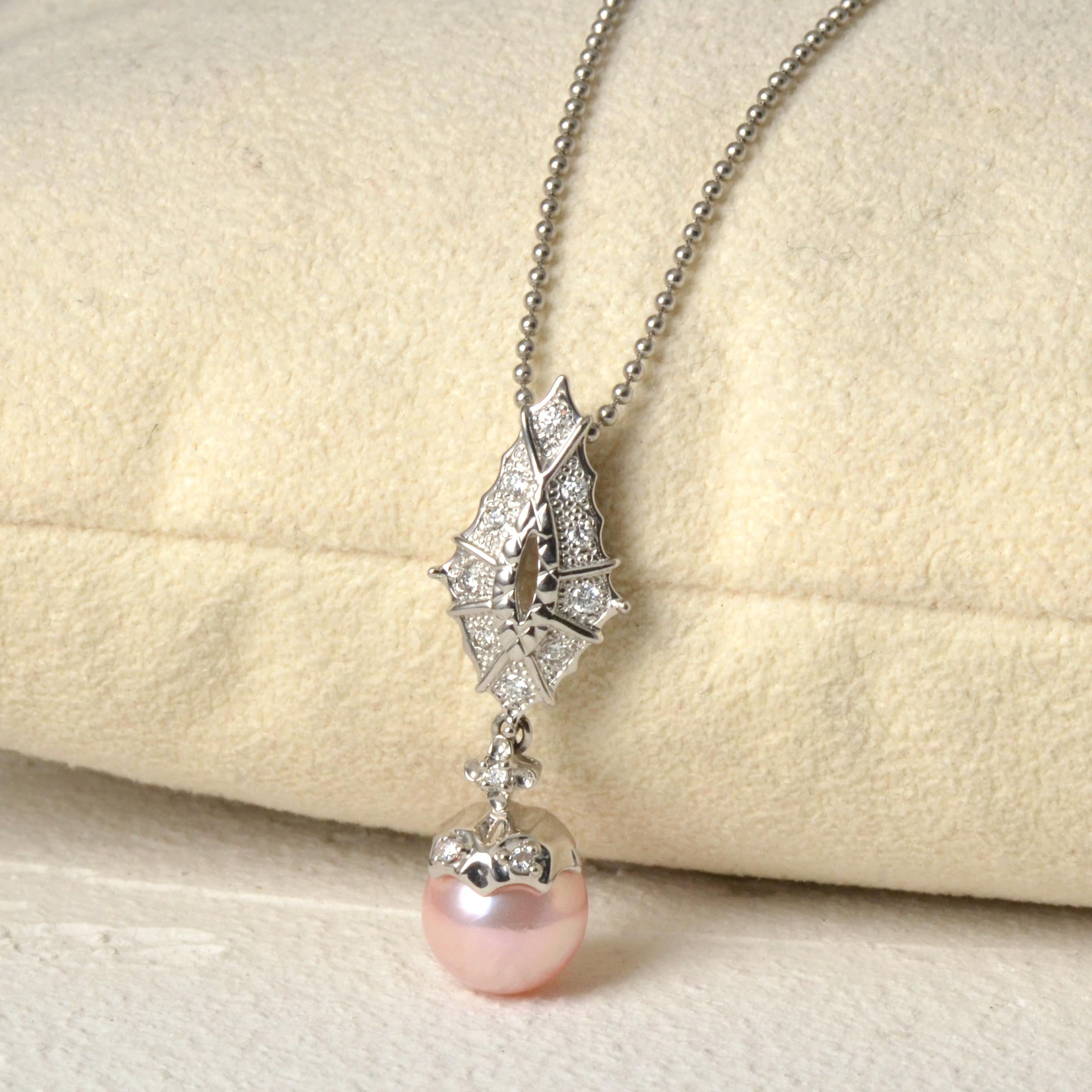 Platinum Pink Coral Core Pearl and Akoya Pearl Pendant with Diamonds For Sale 1