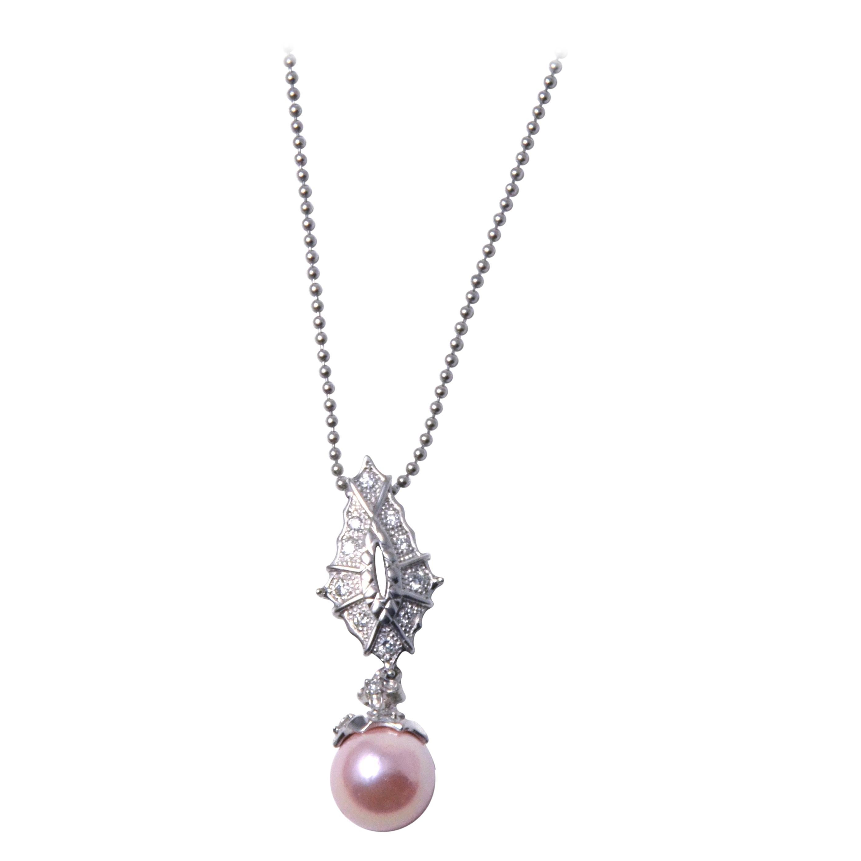 Platinum Pink Coral Core Pearl and Akoya Pearl Pendant with Diamonds For Sale