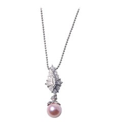 Platinum Pink Coral Core Pearl and Akoya Pearl Pendant with Diamonds