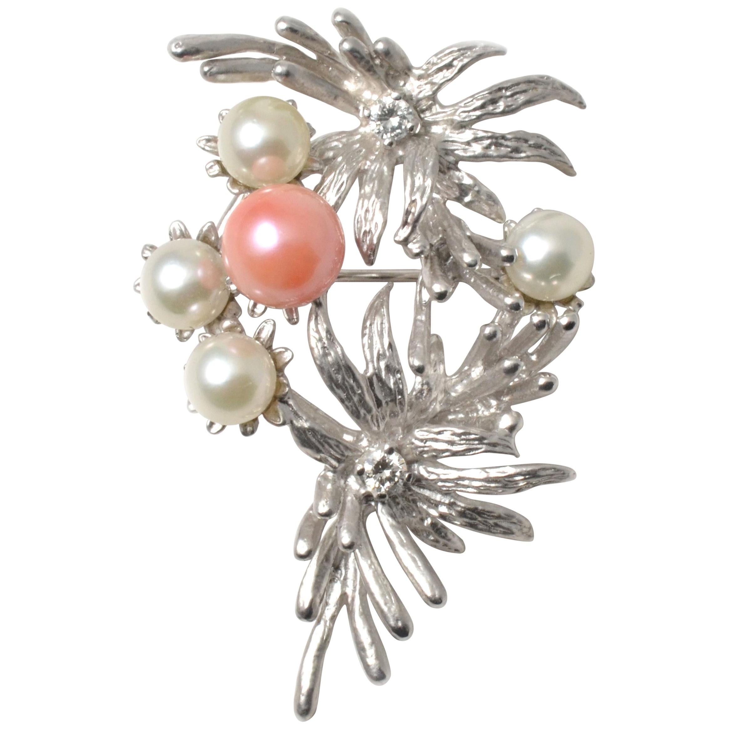 Platinum Pink Coral Core Pearl and White Akoya Pearl Brooch with Diamonds For Sale