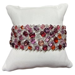 Platinum Pink Red Spinel & Round Diamond Wide Bracelet 82.71 ct No-Heat High