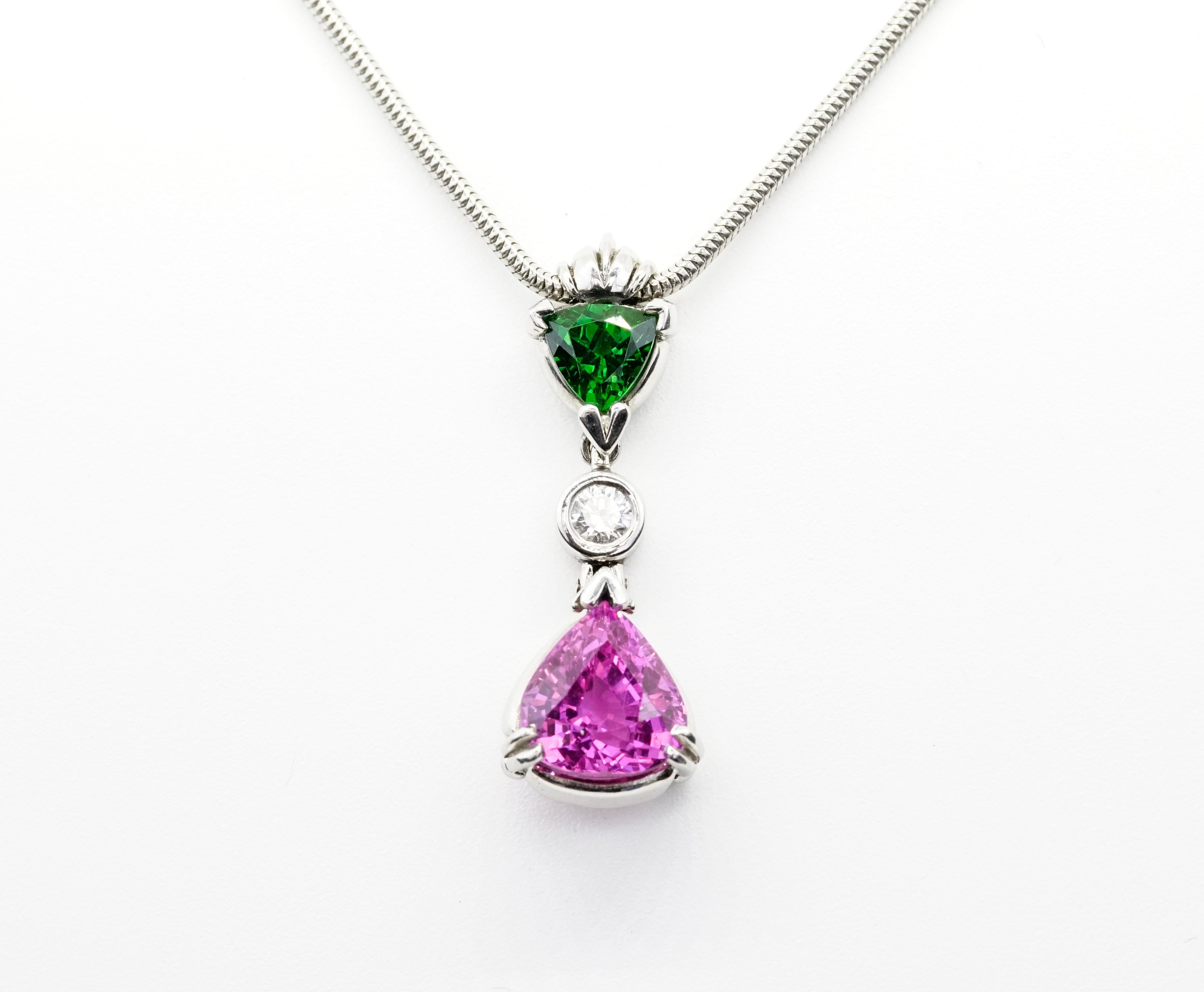 Modern Platinum Pink Sapphire and Tsavorite Diamonds Pendant For Sale