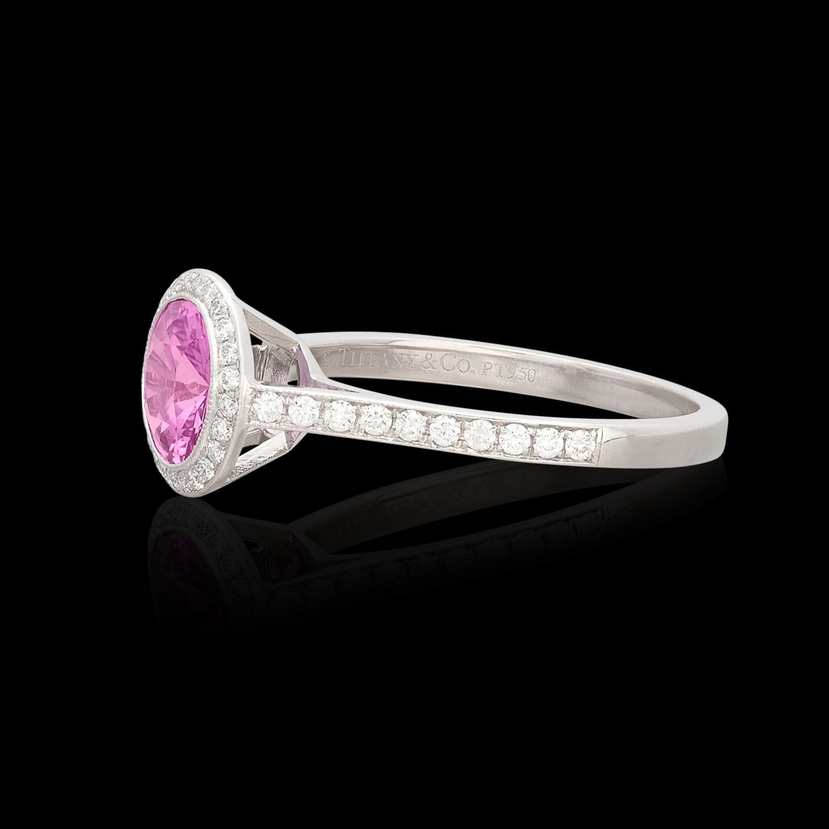 Round Cut Platinum Pink Sapphire & Diamond Ring by Tiffany & Co. For Sale
