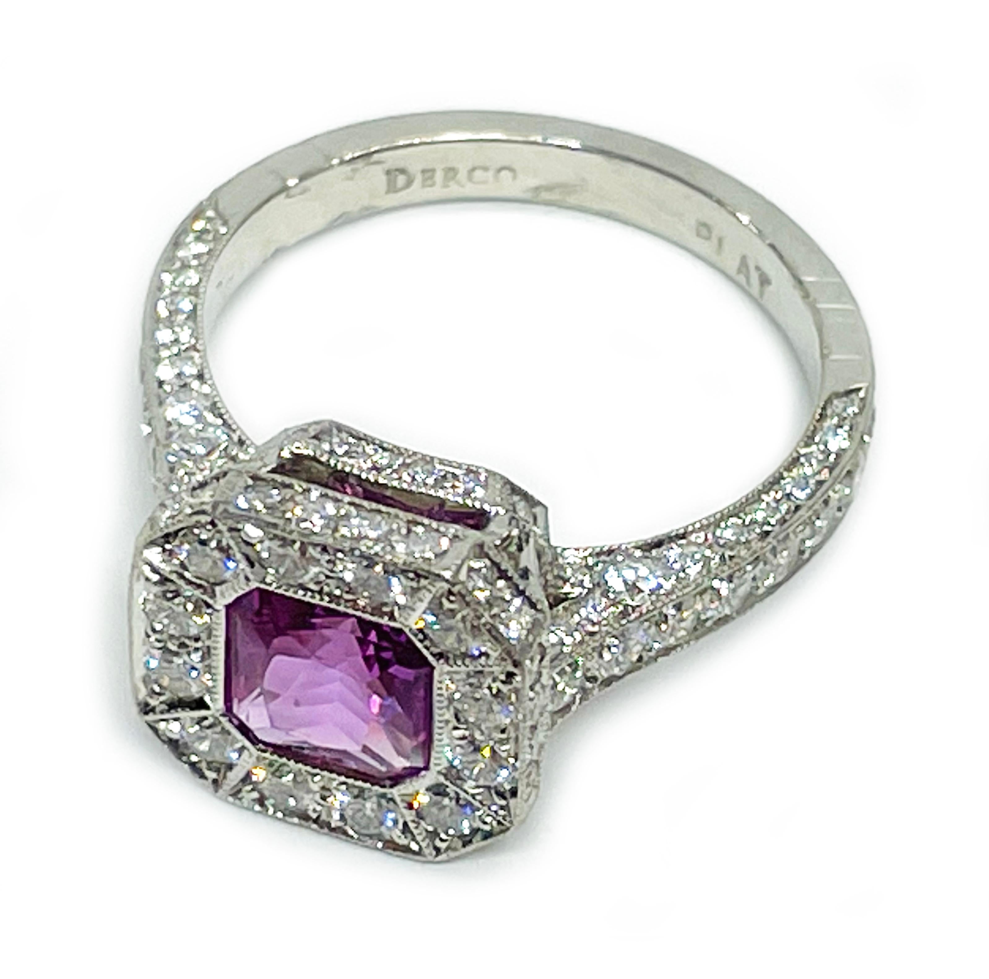 Retro Platinum Pink Sapphire Diamond Ring For Sale