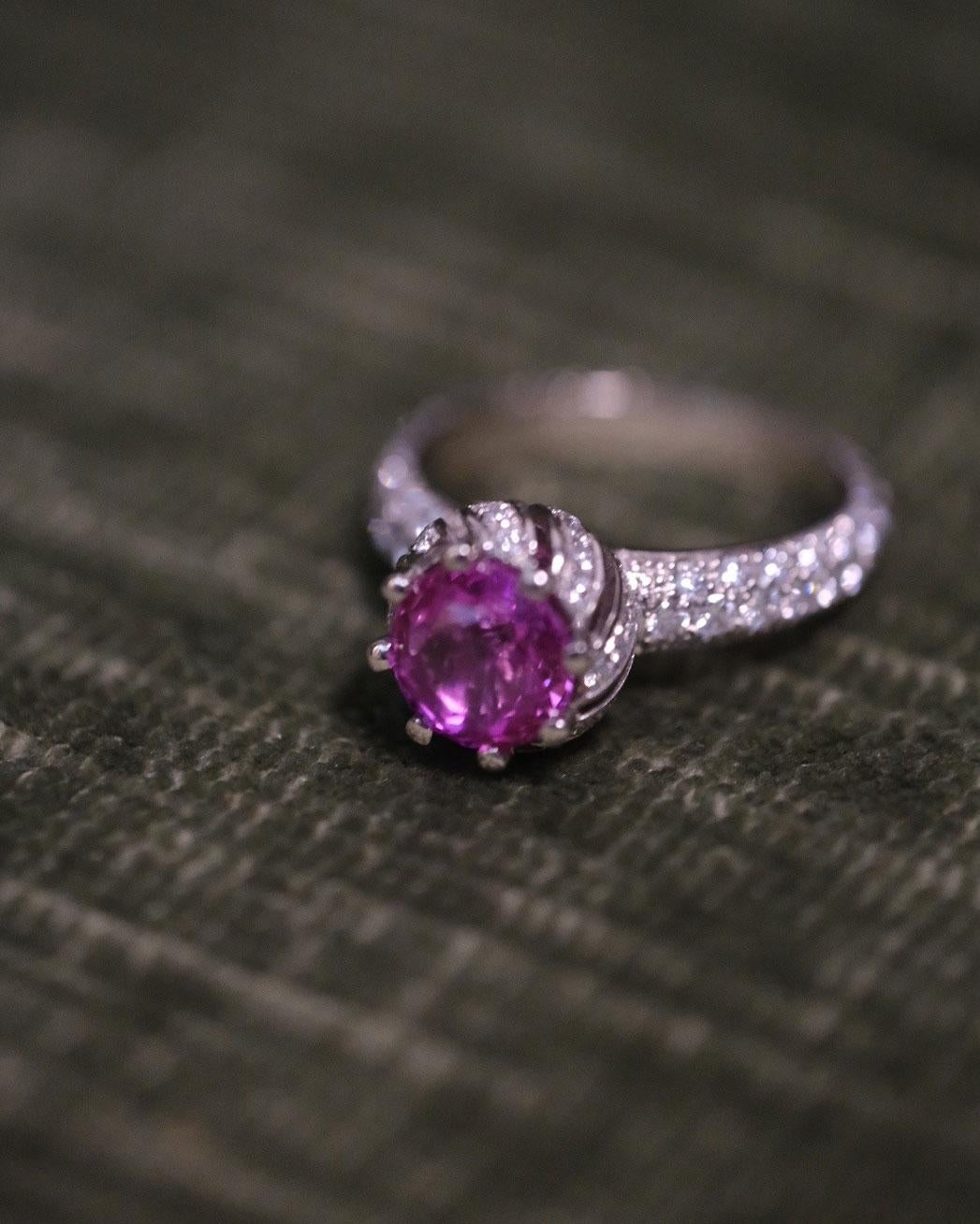 Modern Ring in 950/ Platinum with Pink Sapphire and Diamonds   For Sale