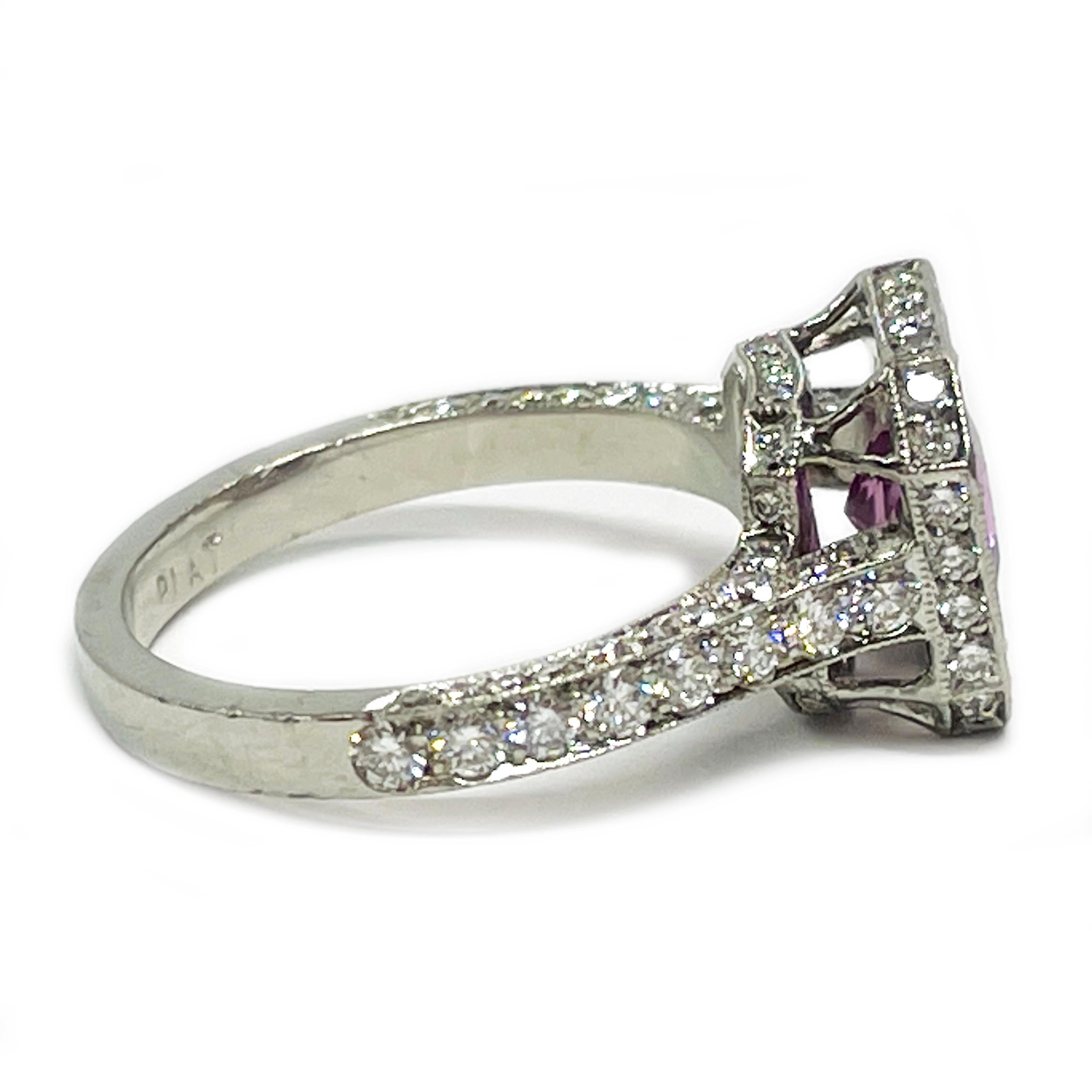 Princess Cut Platinum Pink Sapphire Diamond Ring For Sale