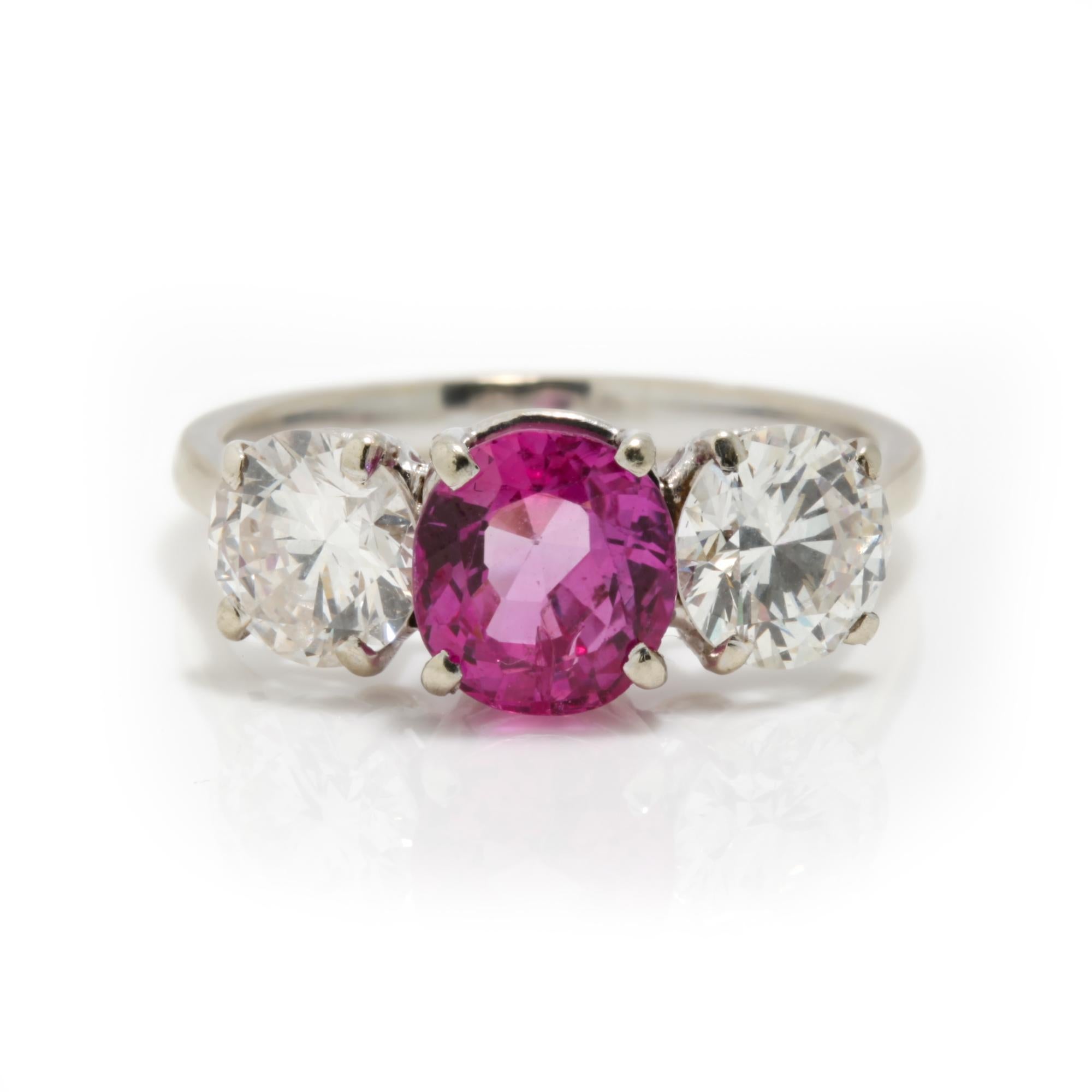 Platinum Pink Sapphire Ring of 1.50 Cts and Diamonds Totaling 2 Carats In Good Condition For Sale In Braintree, GB