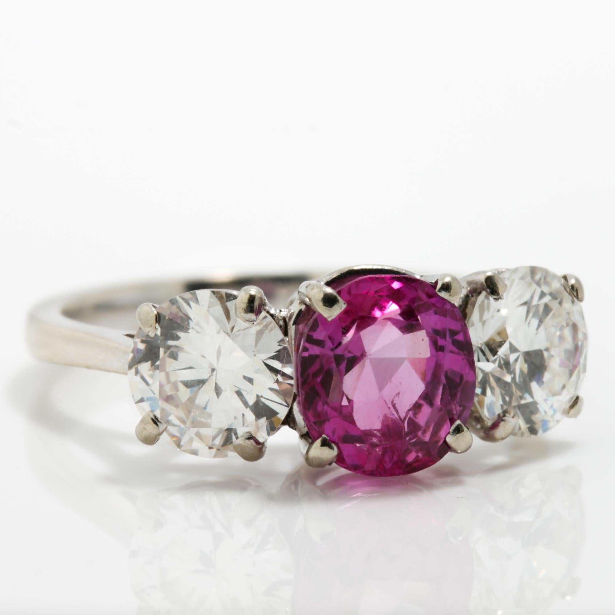 Platinum Pink Sapphire Ring of 1.50 Cts and Diamonds Totaling 2 Carats For Sale 4