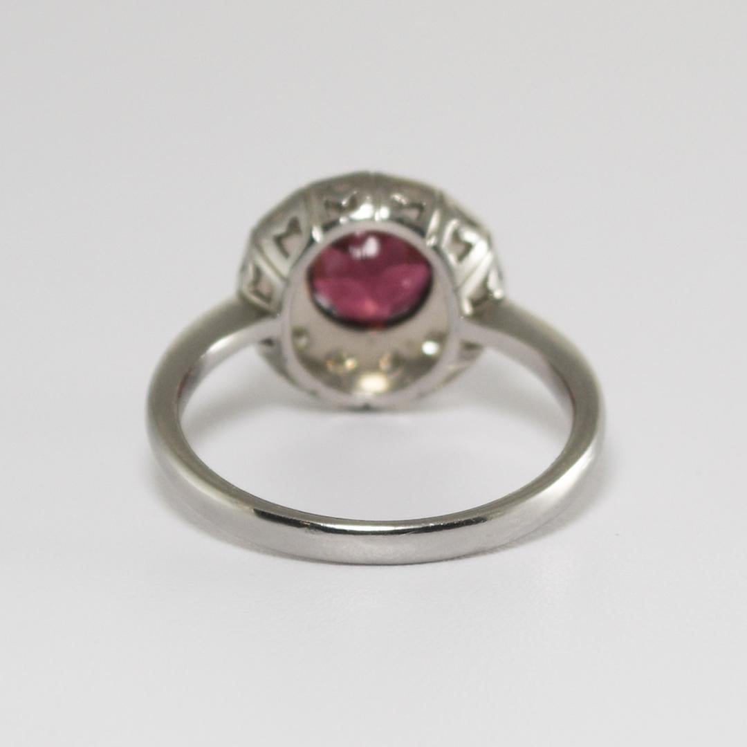 Platinum Pink Tourmaline and Diamond Halo Ring In Excellent Condition For Sale In Laguna Beach, CA