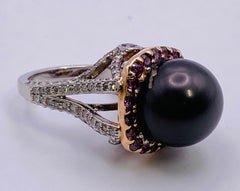 13.5 mm Tahitian Black Pearl, Pink-Treated, and Diamond Platinum Ring