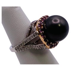 13.5 mm Tahitian Black Pearl, Pink-Treated, and Diamond Platinum Ring 