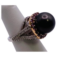13.5 mm Tahitian Black Pearl, Pink-Treated, and Diamond Platinum Ring