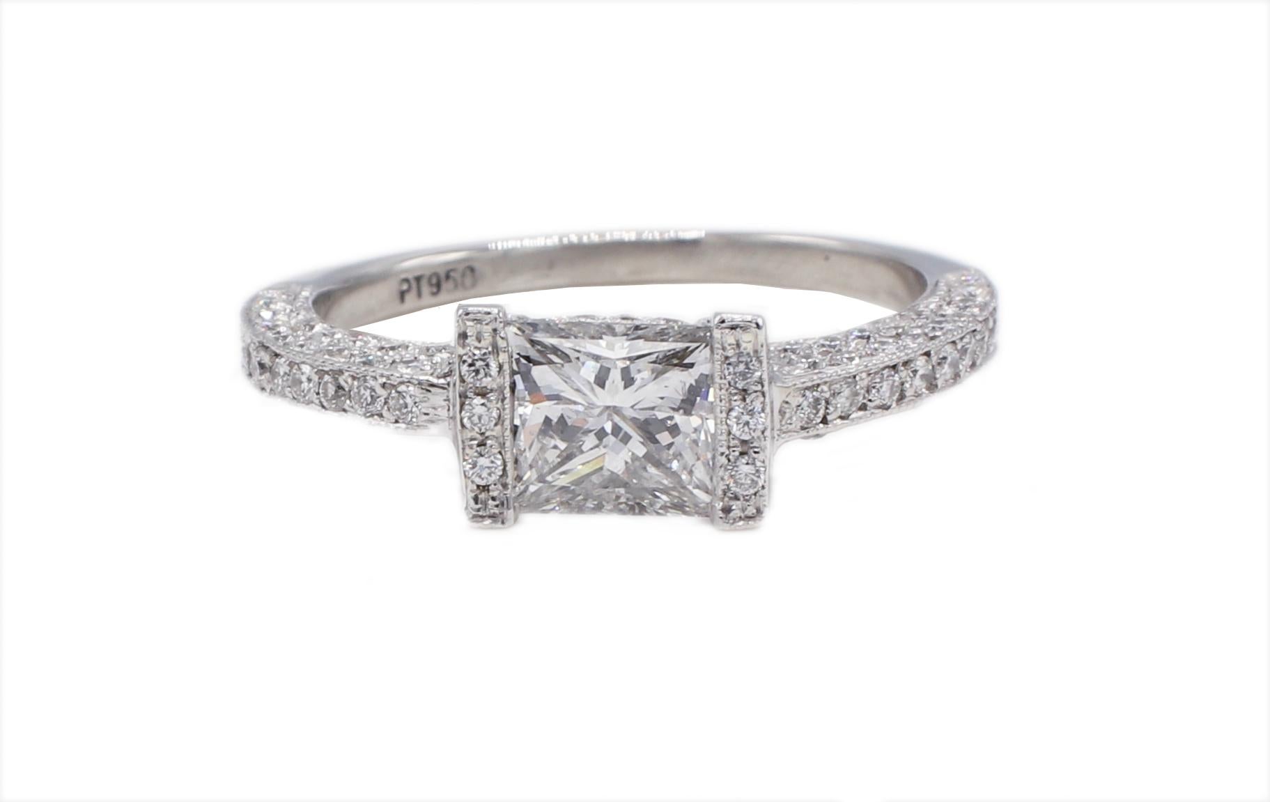 Platinum Princess Cut .90 Carat East West Diamond Engagement Ring Size 5.5 
Metal: Platinum 
Weight: 4.49 grams
Diamond: Approx. .90 carats F-G VS-SI1 center, approx. .40 CTW pave diamonds G VS 
Size: 5.5 (US)
Band is 1.5 - 2mm 

