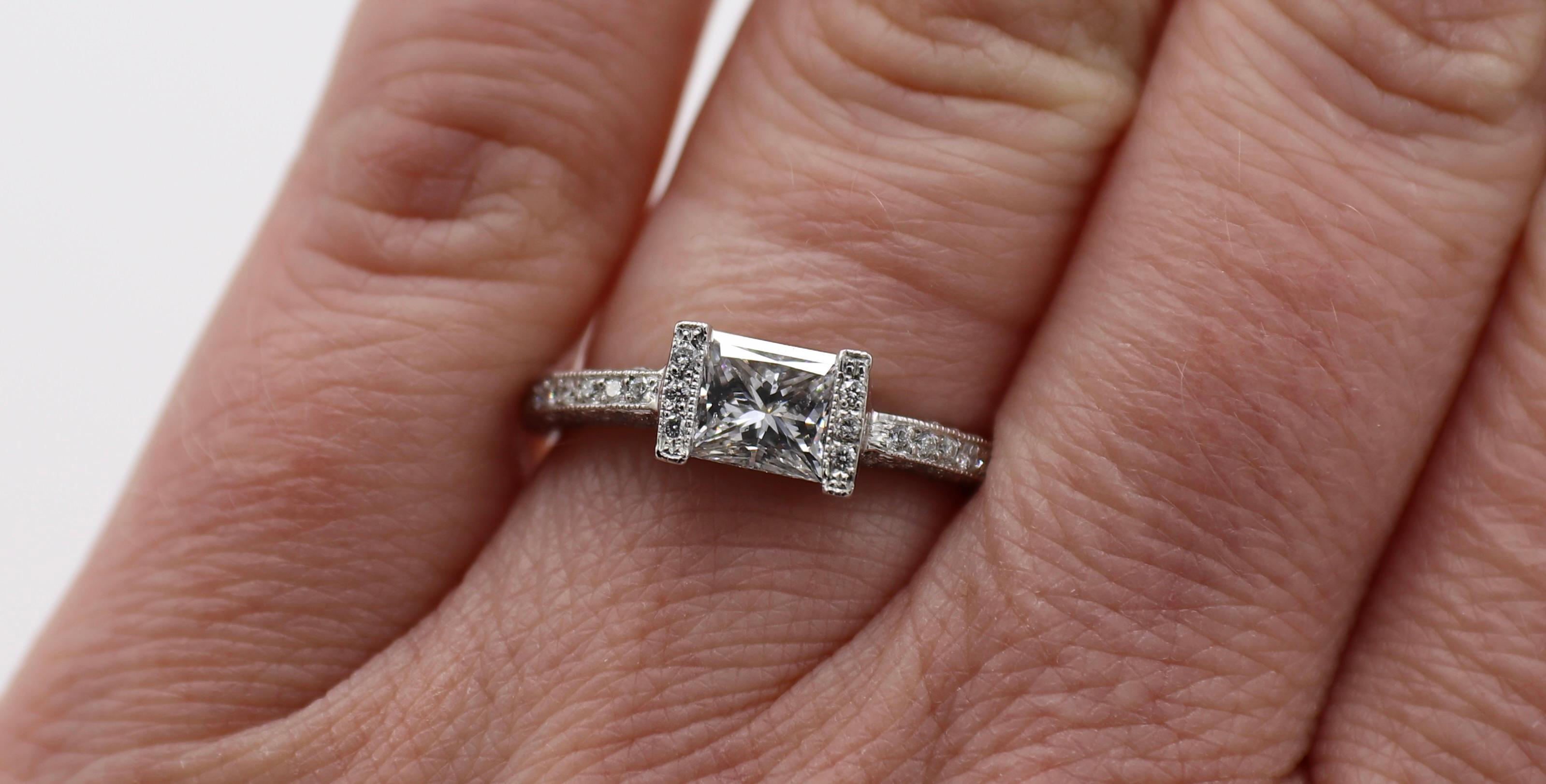 Women's Platinum Princess Cut .90 Carat East West Diamond Engagement Ring